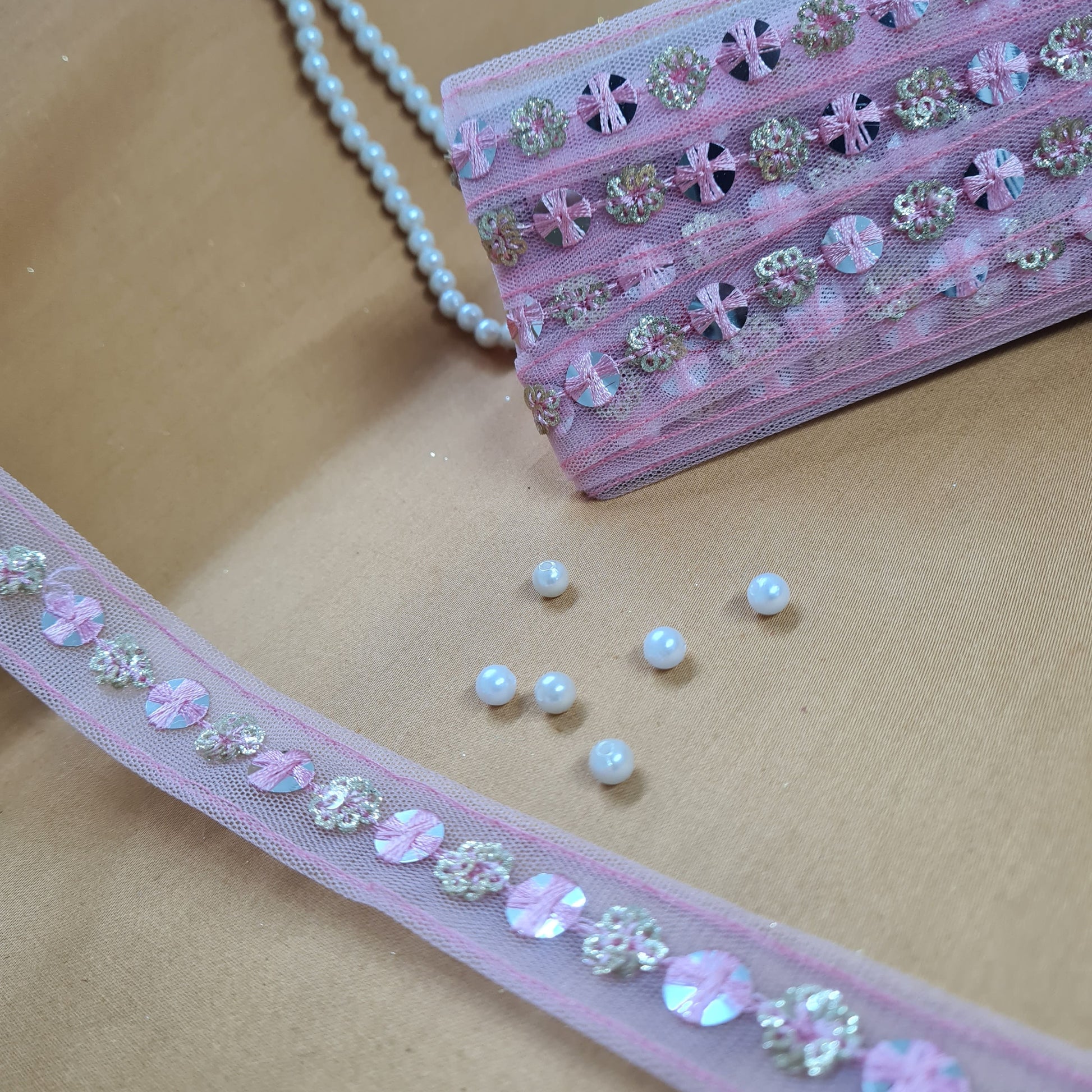 Premium Baby Pink Sequence Net Lace