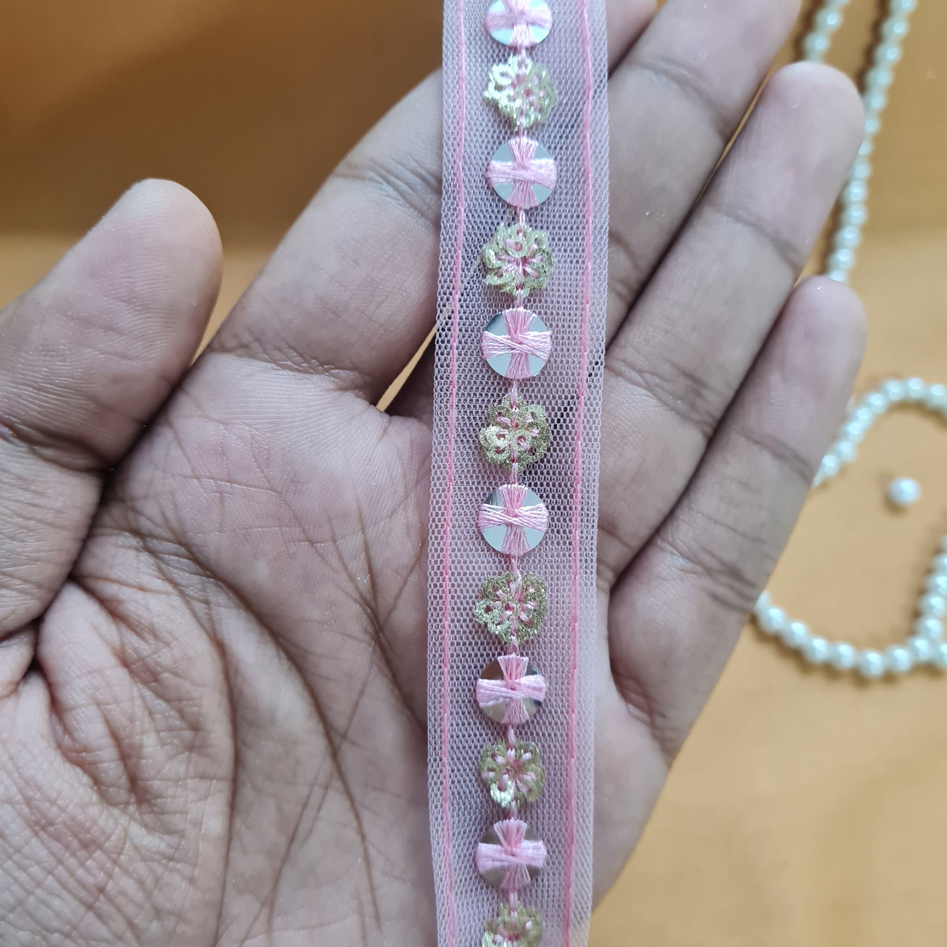 Premium Baby Pink Sequence Net Lace