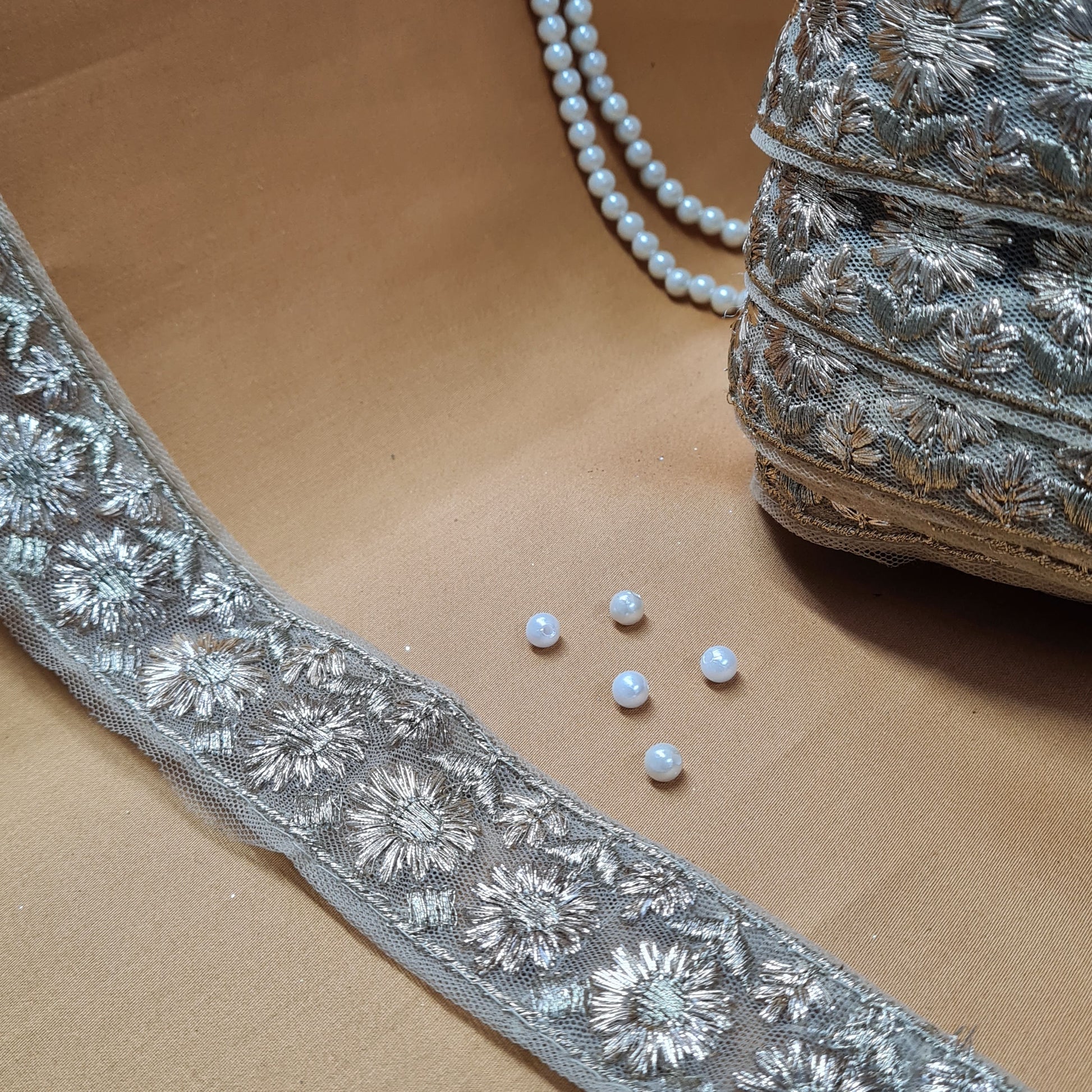 Premium Golden Floral Zari Buti Net Lace