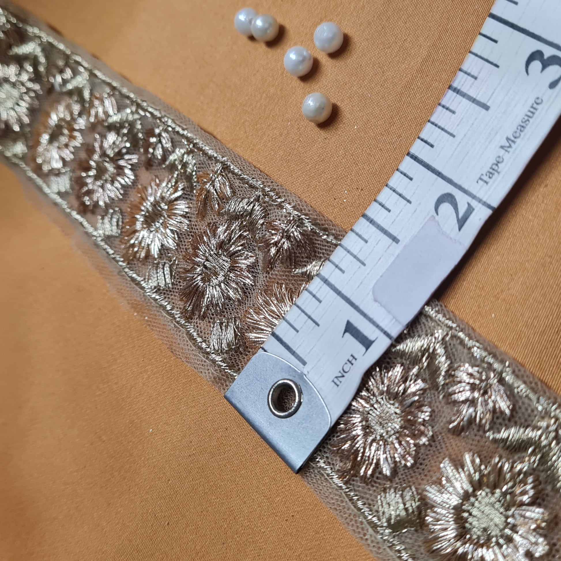 Premium Golden Floral Zari Buti Net Lace