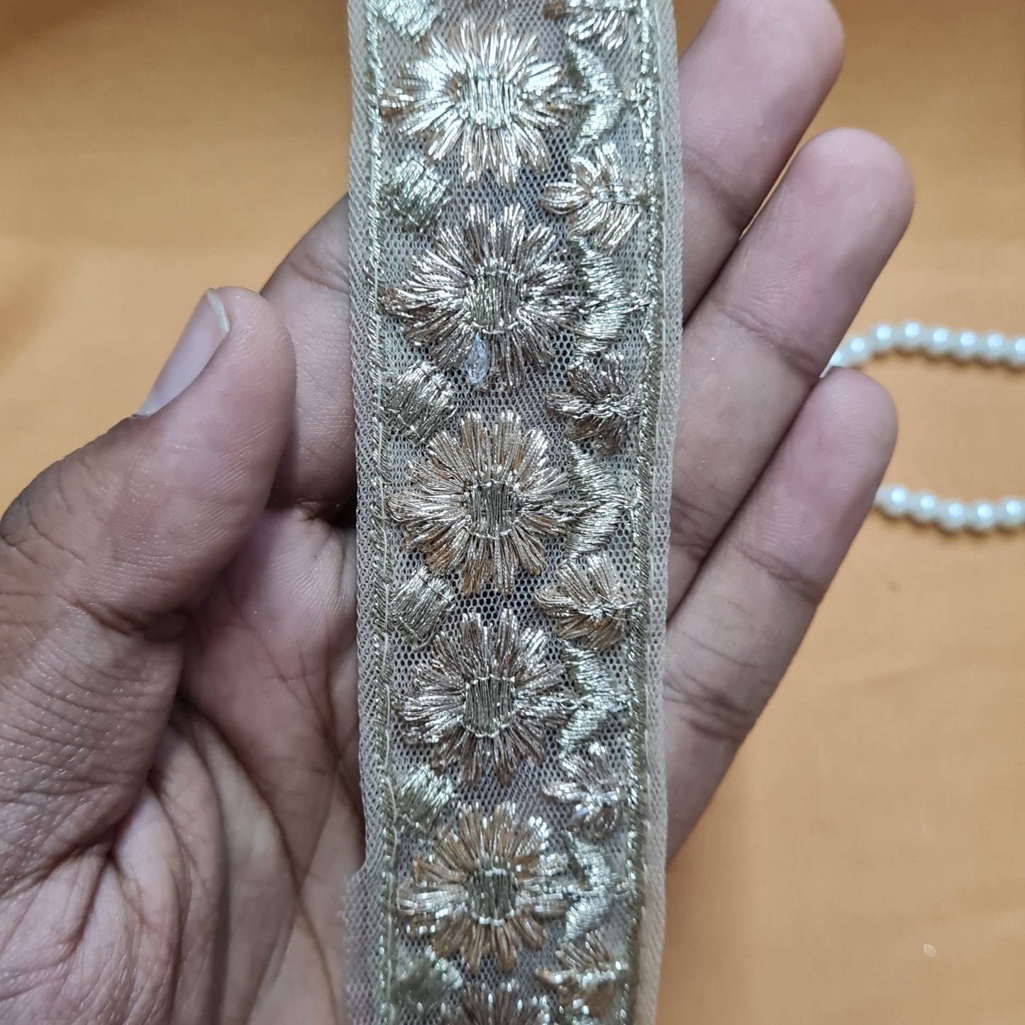 Premium Golden Floral Zari Buti Net Lace