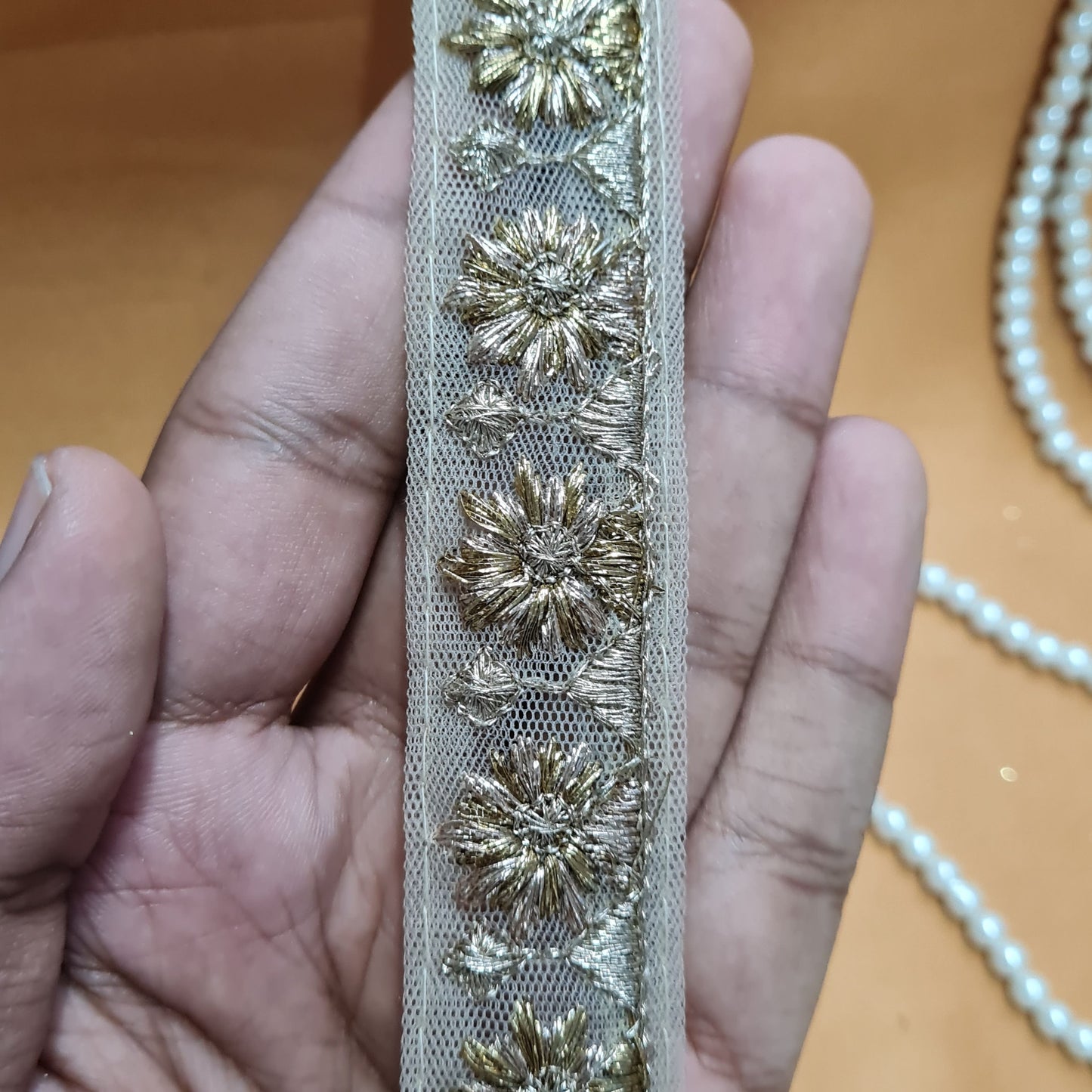 Premium Light Gold Dark Gold Floral Zari Net Lace