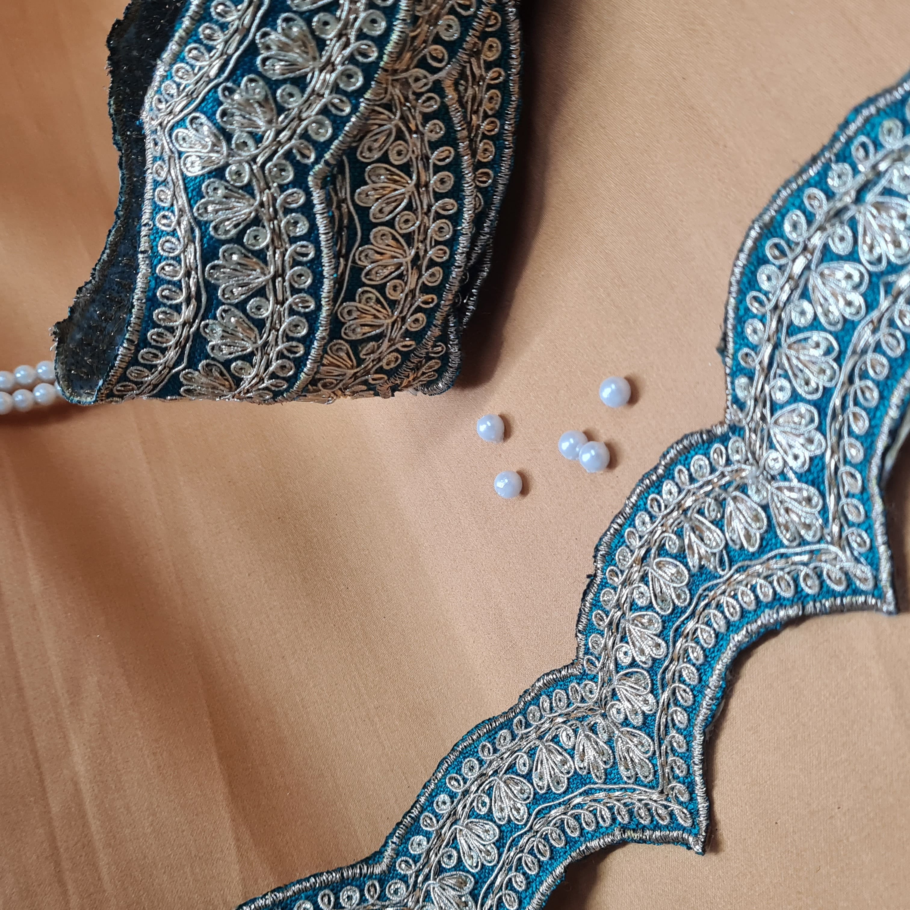 Premium Teal Green Chevron Zari Sequence Silk Lace