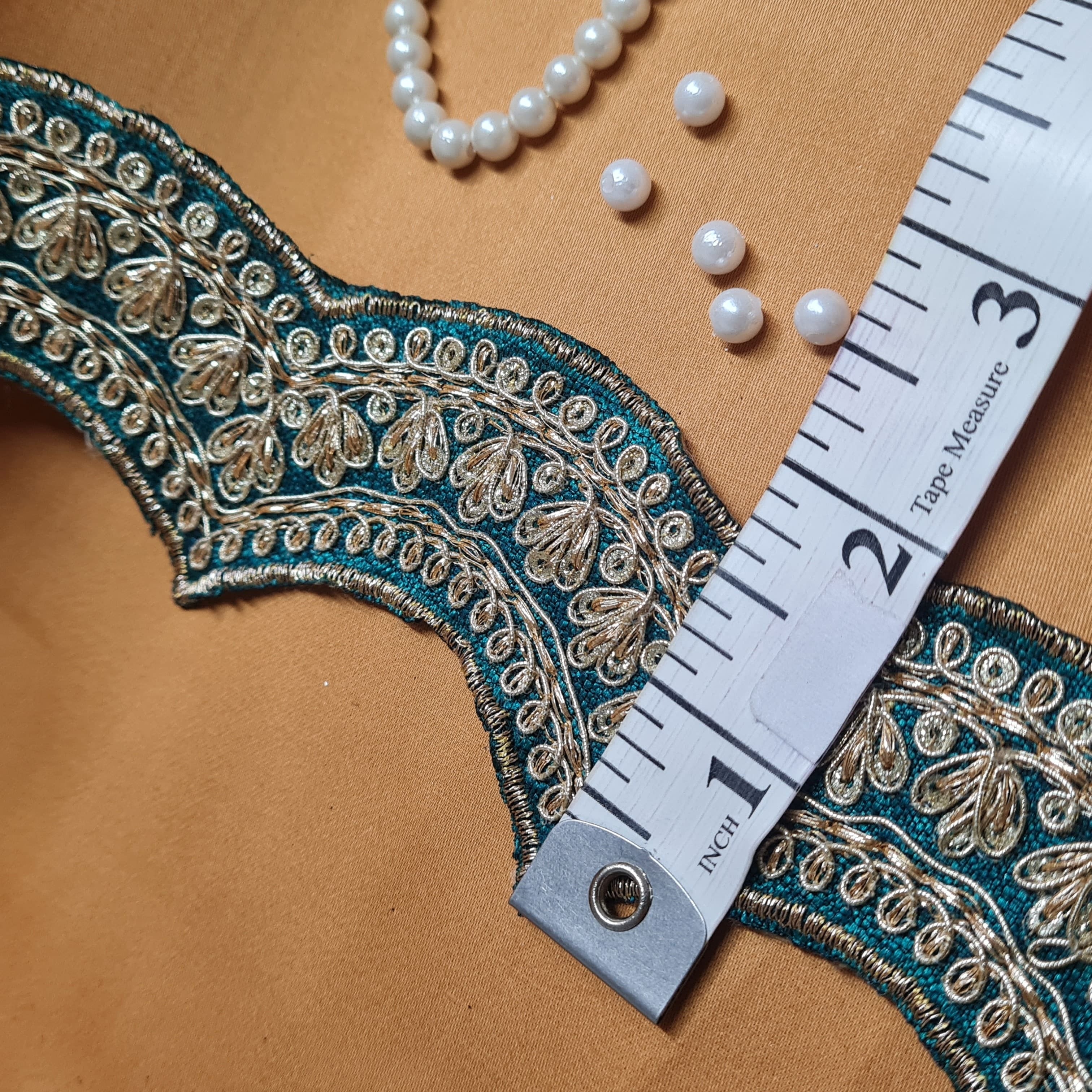 Premium Teal Green Chevron Zari Sequence Silk Lace