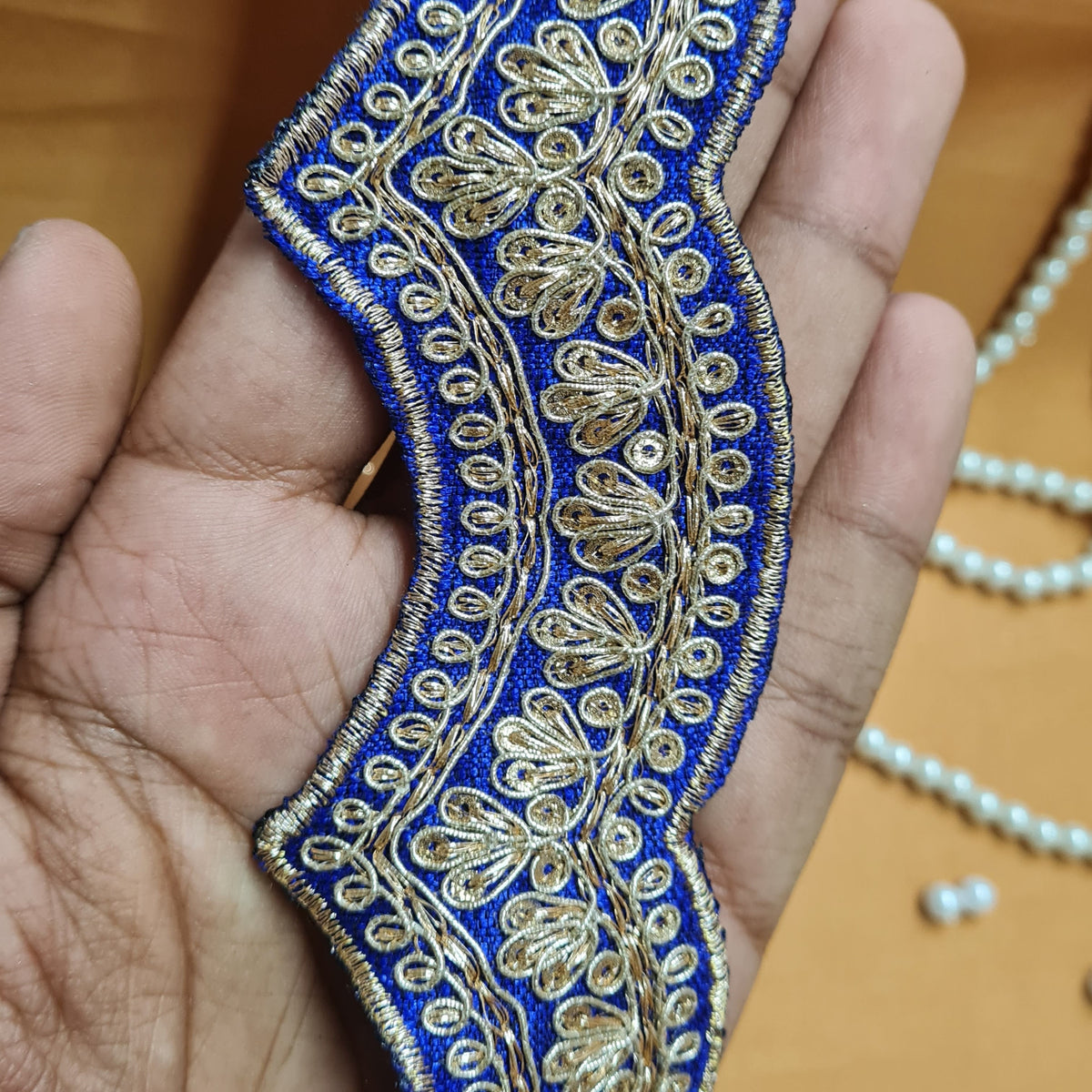 Premium Blue Chevron Zari Sequence Silk Lace