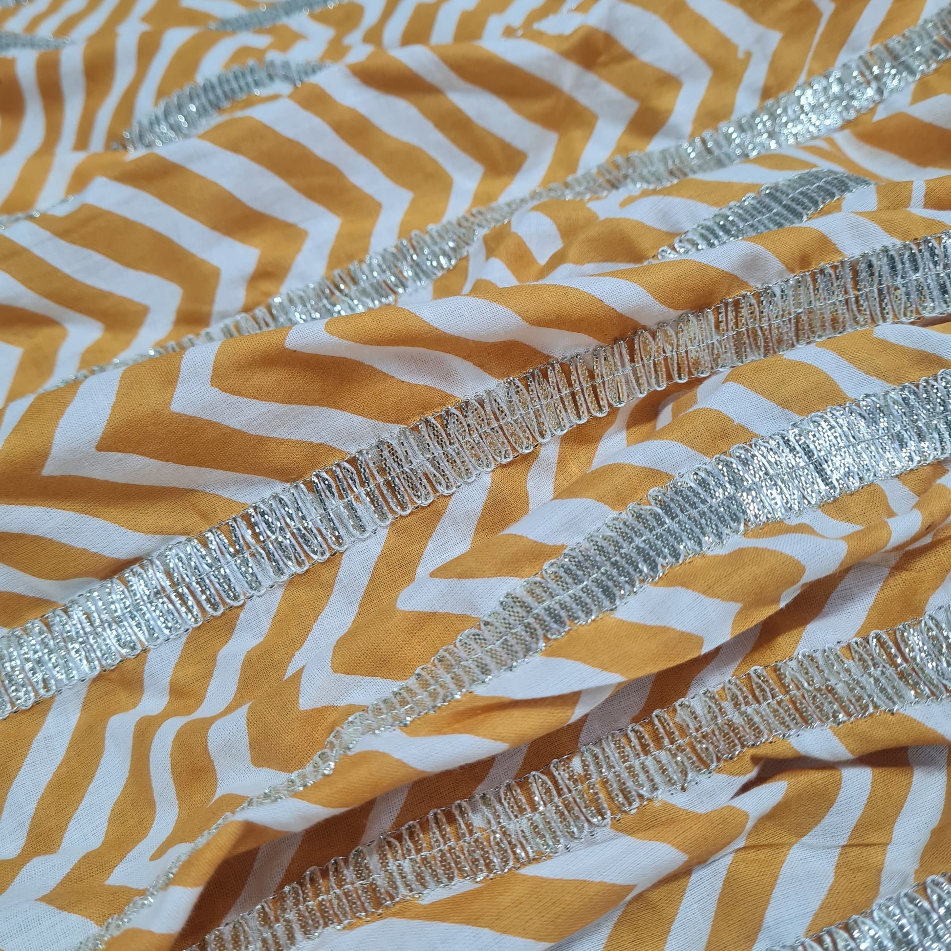 Premium Mustard Yellow Chevron Print Gota Work Cambric Cotton Fabric