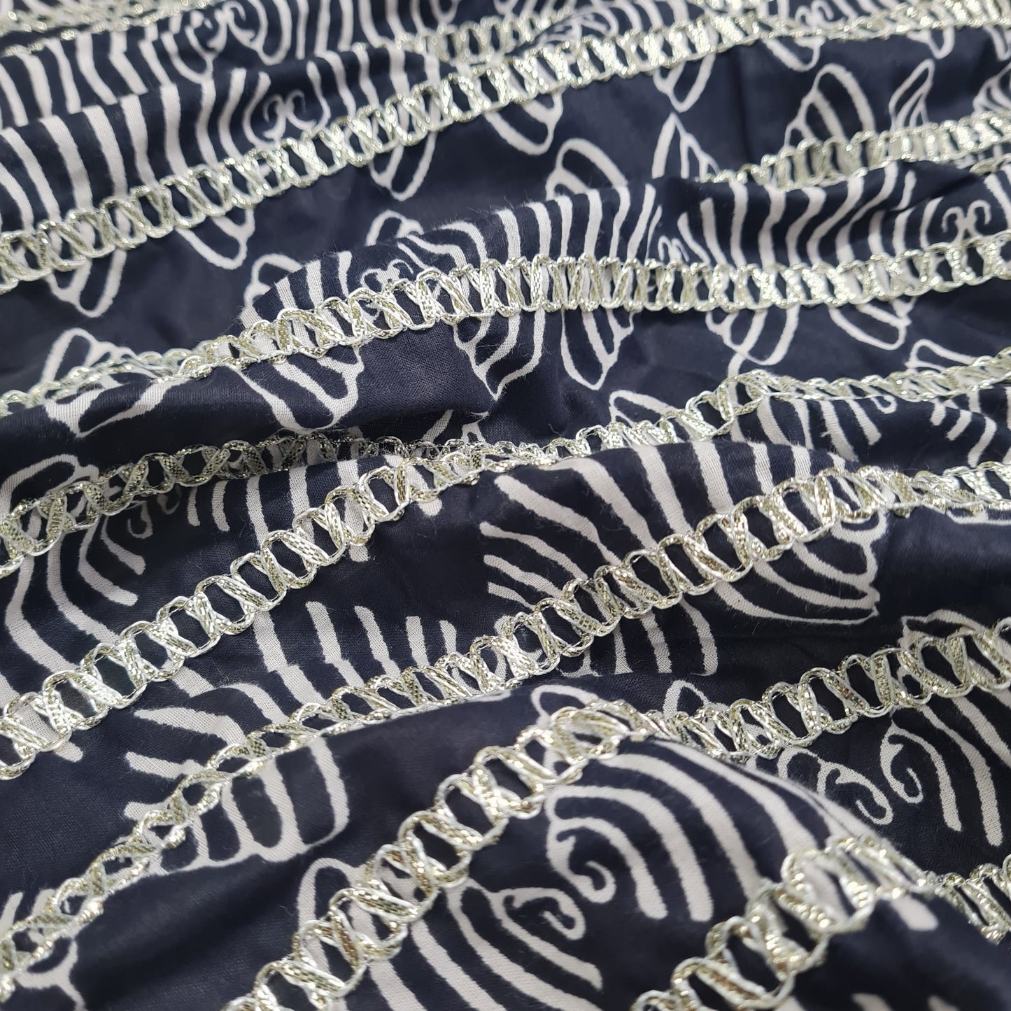 Premium Dark Blue Abstract Print Gota Work Cambric Cotton Fabric