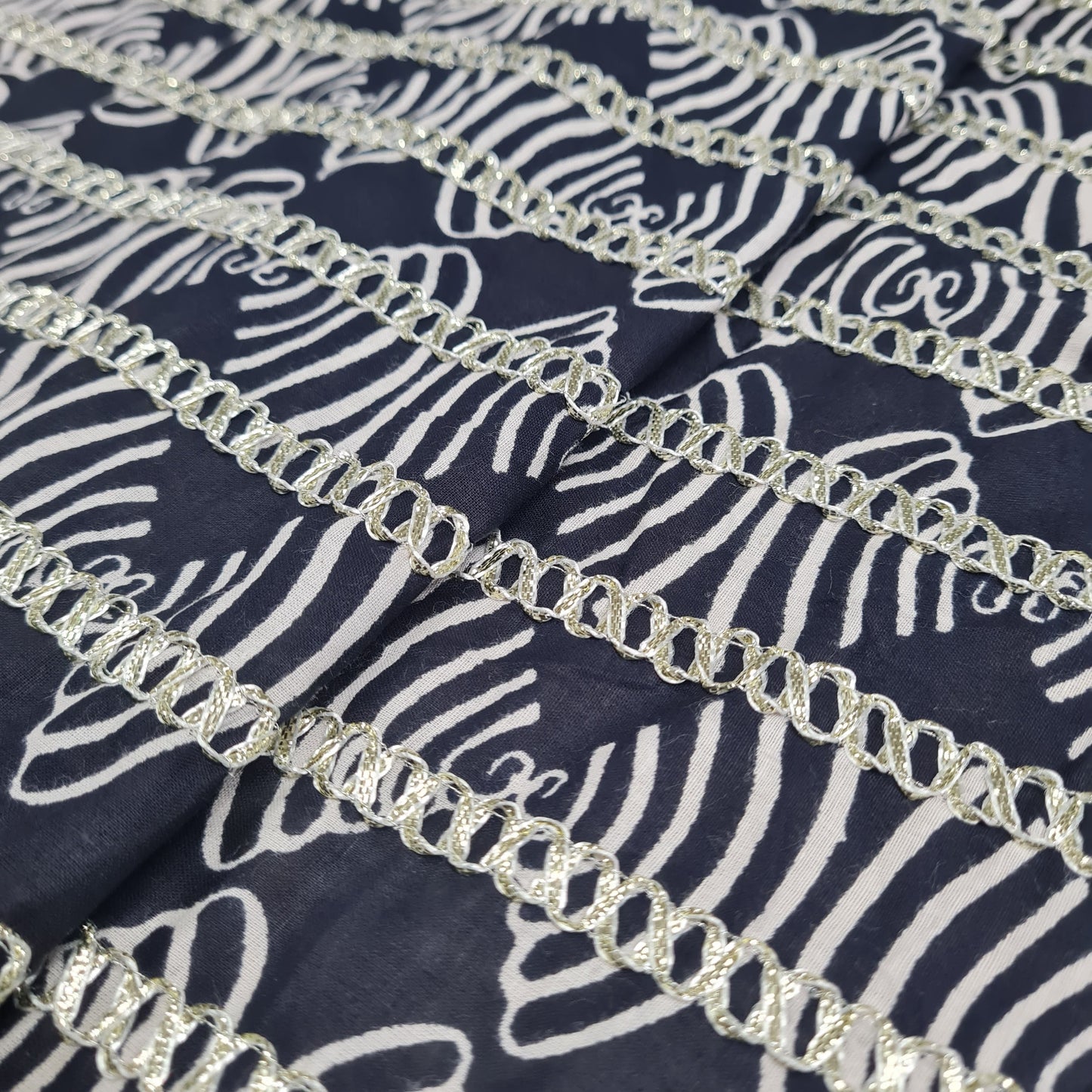 Premium Dark Blue Abstract Print Gota Work Cambric Cotton Fabric