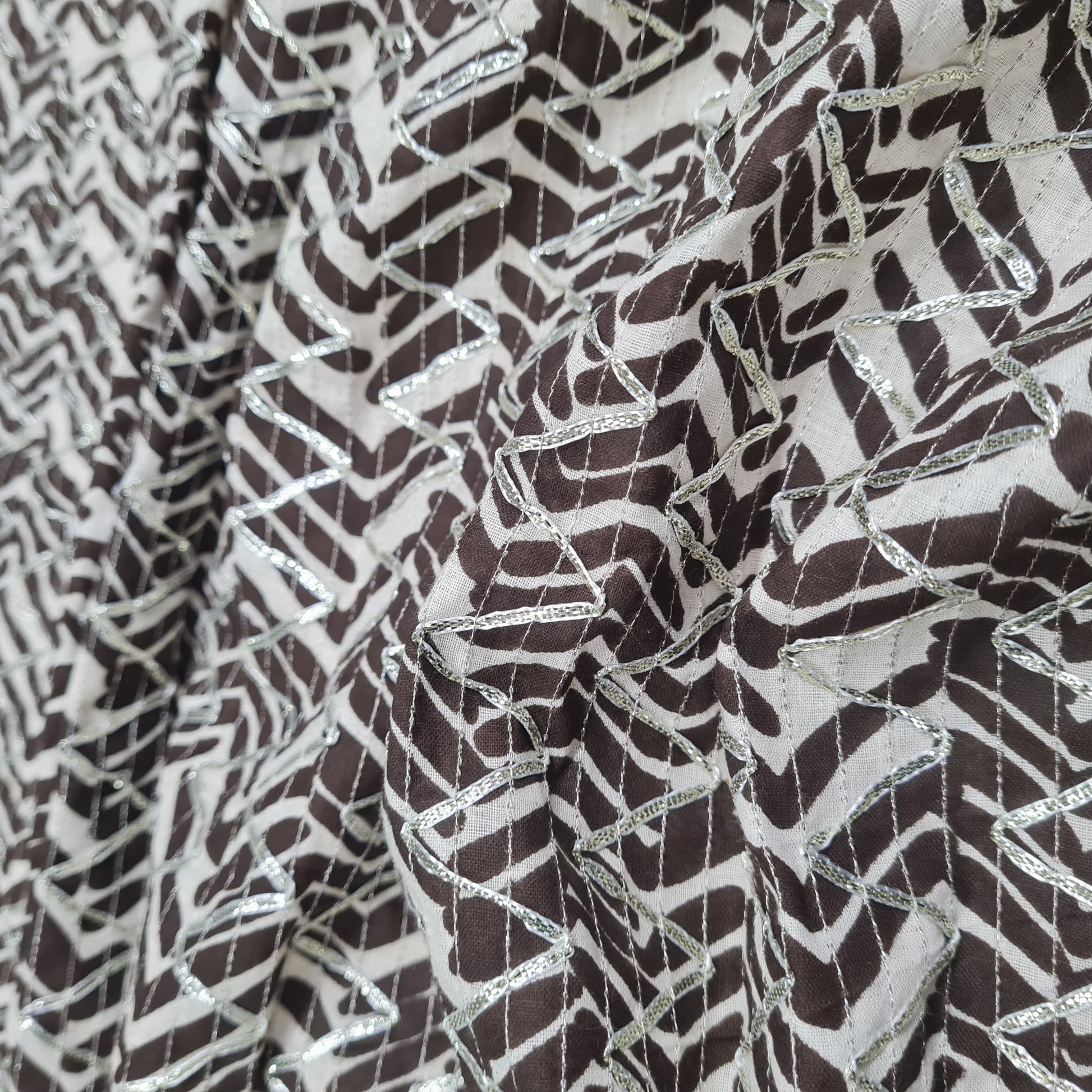 Premium Cream Brown Chevron Print Gota Work Cambric Cotton Fabric