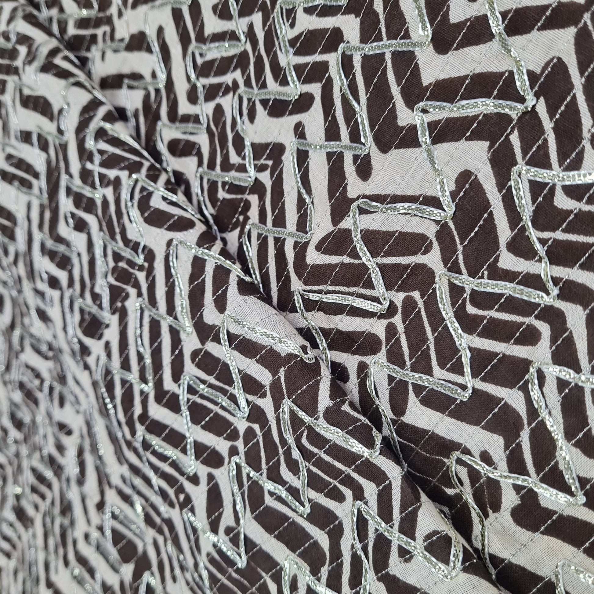 Premium Cream Brown Chevron Print Gota Work Cambric Cotton Fabric