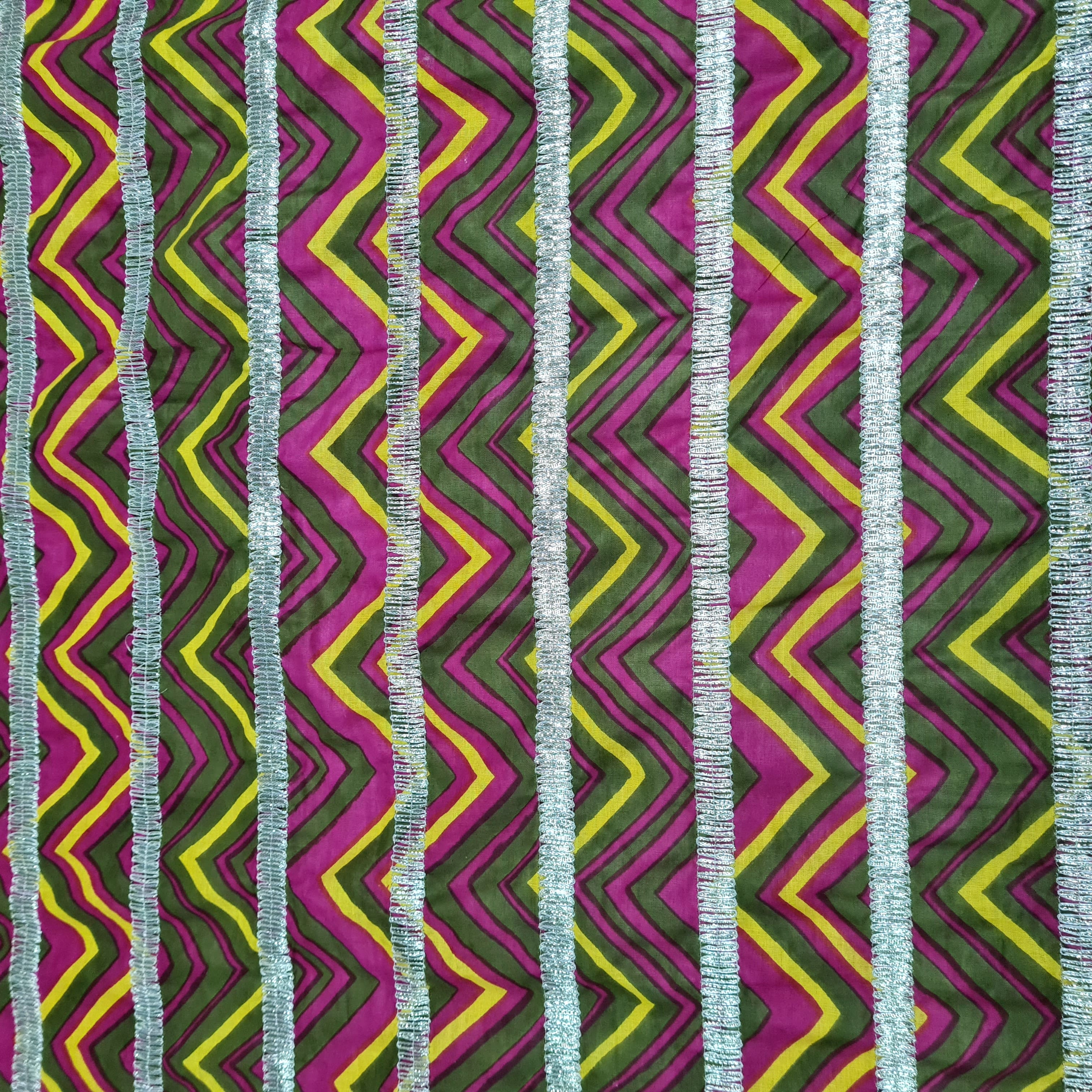 Premium Olive Green Pink Chevron Print Gota Work Cambric Cotton Fabric