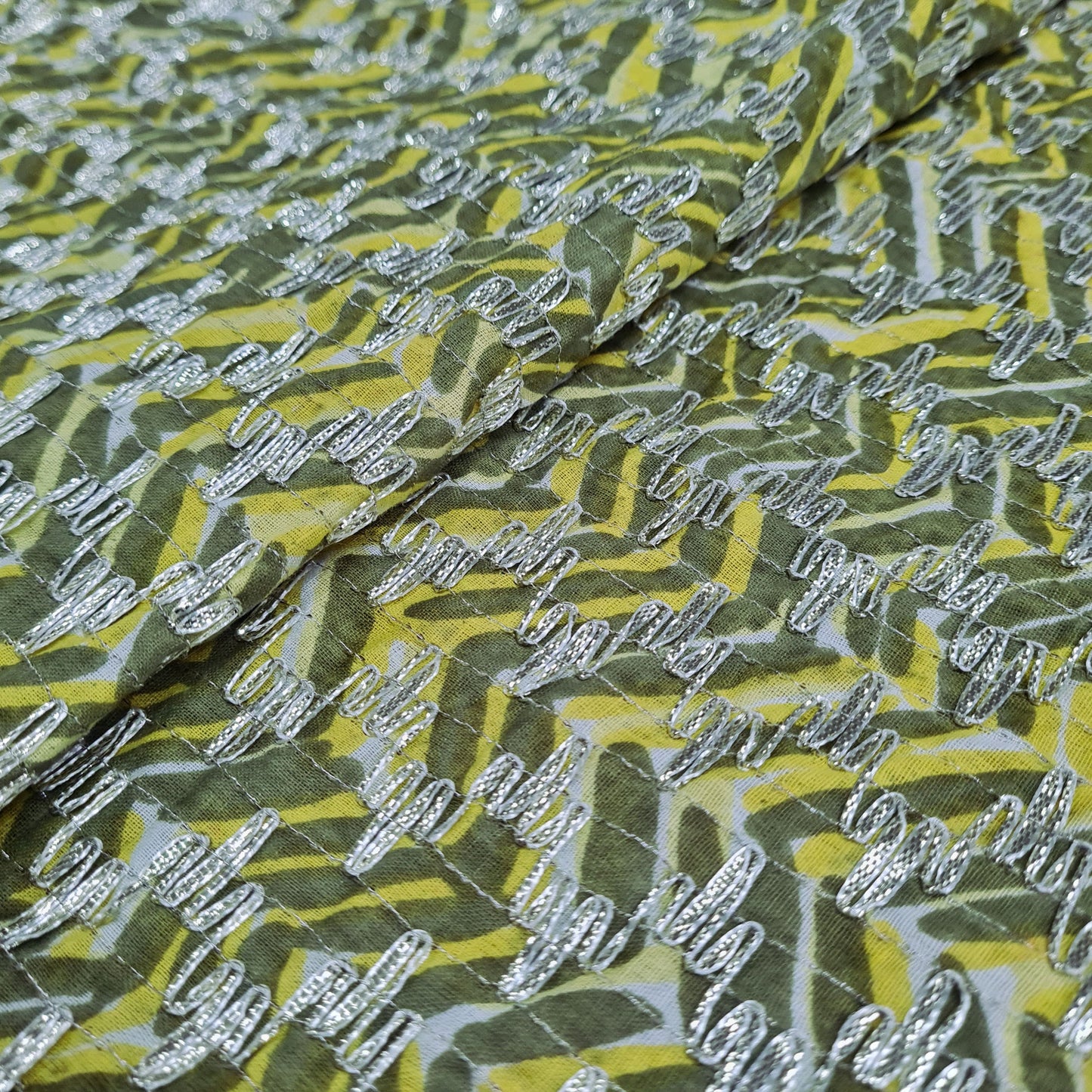 Premium Yellow Olive Green Chevron Print Gota Work Cambric Cotton Fabric
