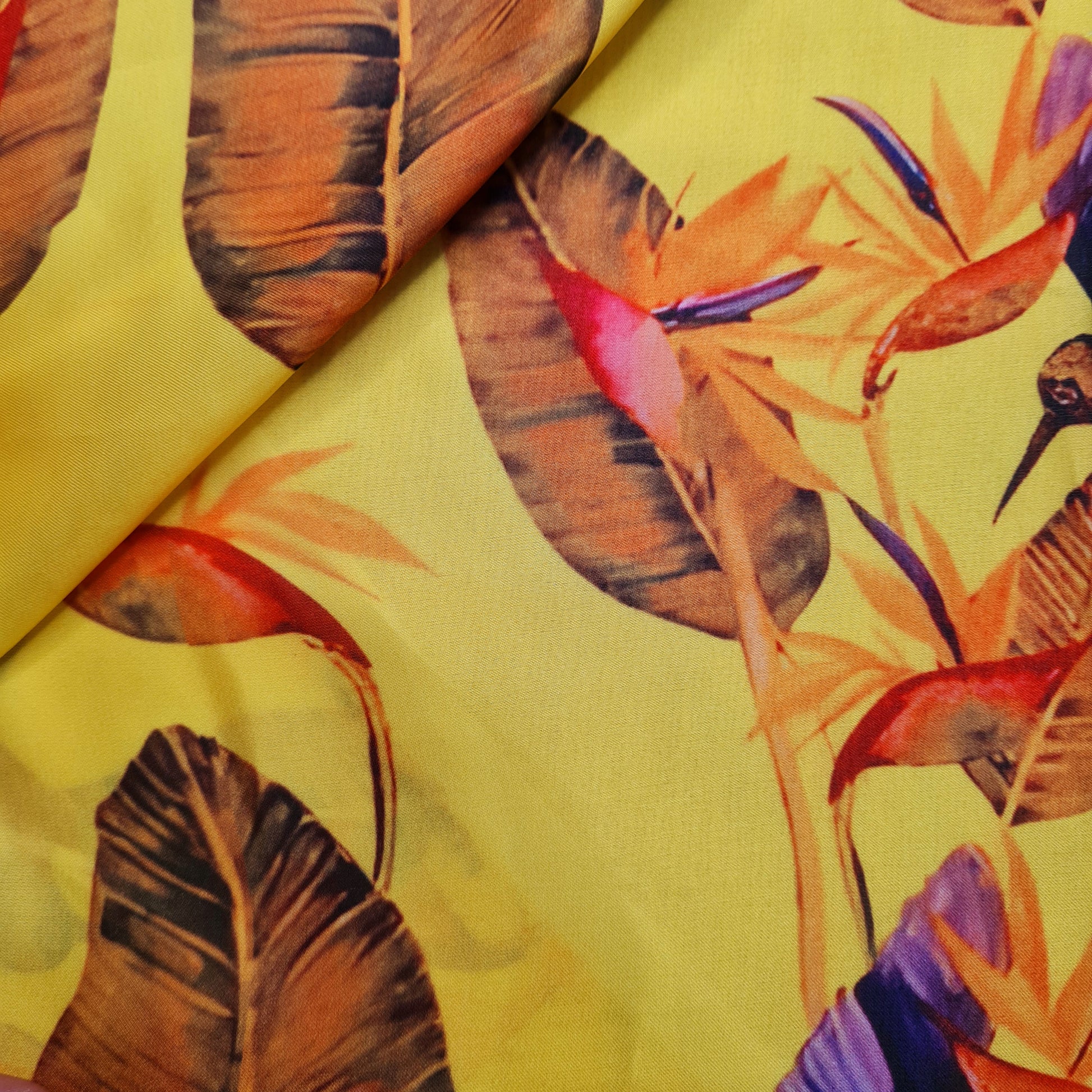 Exclusive Satin Georgette Yellow Tropical Print Fabric