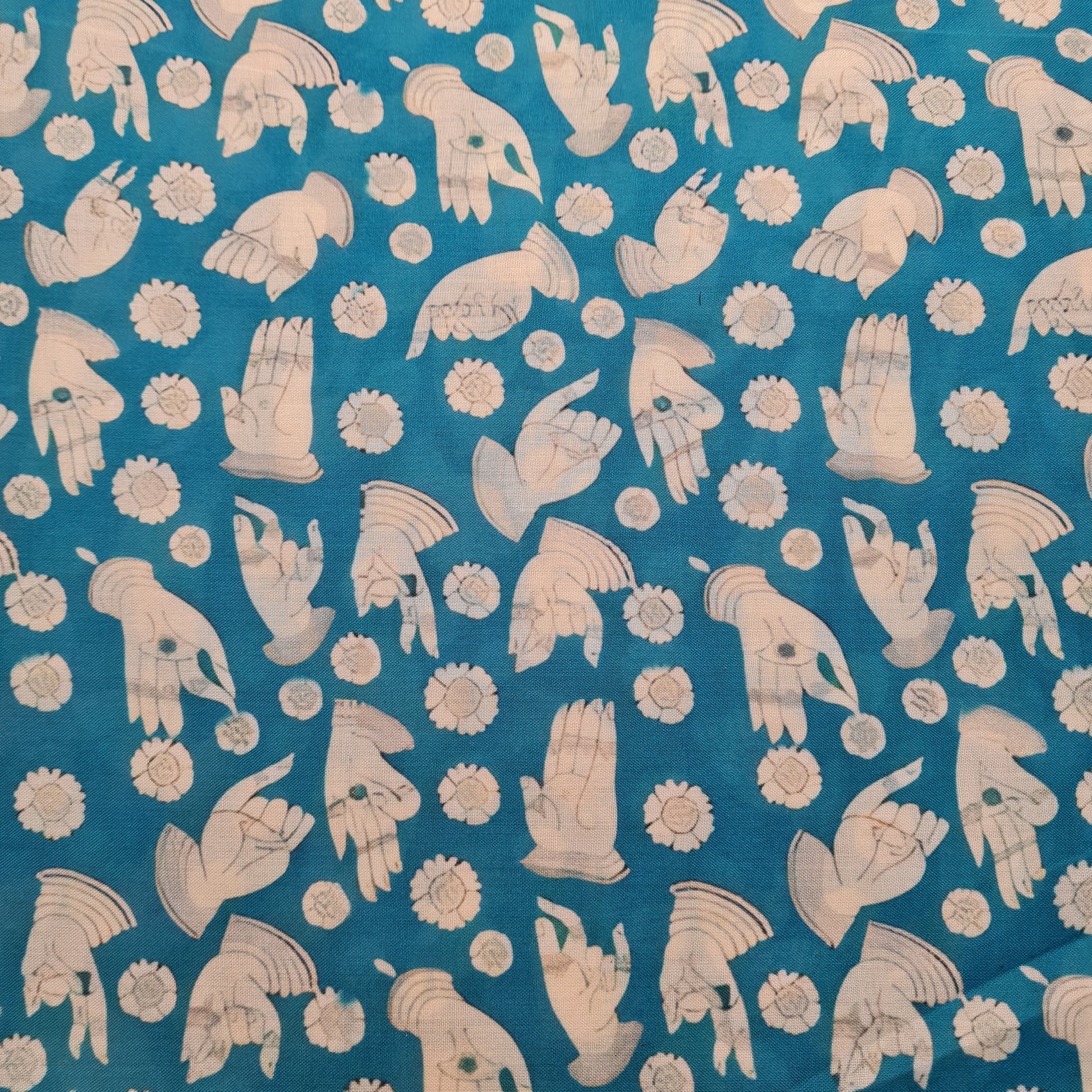 Exclusive Blue Green Madhubani Print Cambric Cotton Fabri