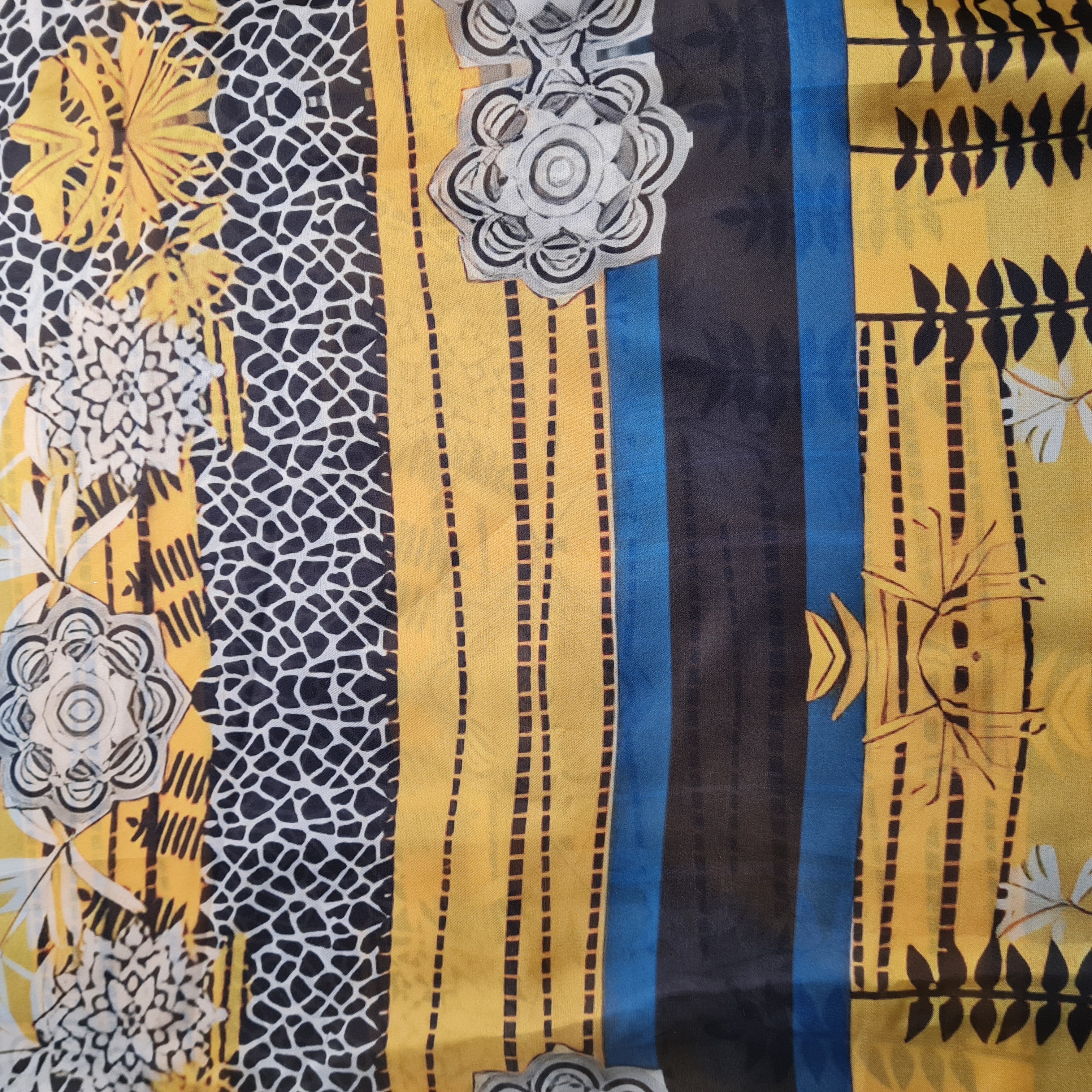 Exclusive Satin Georgette Yellow Black Sequins Floral Print Fabric