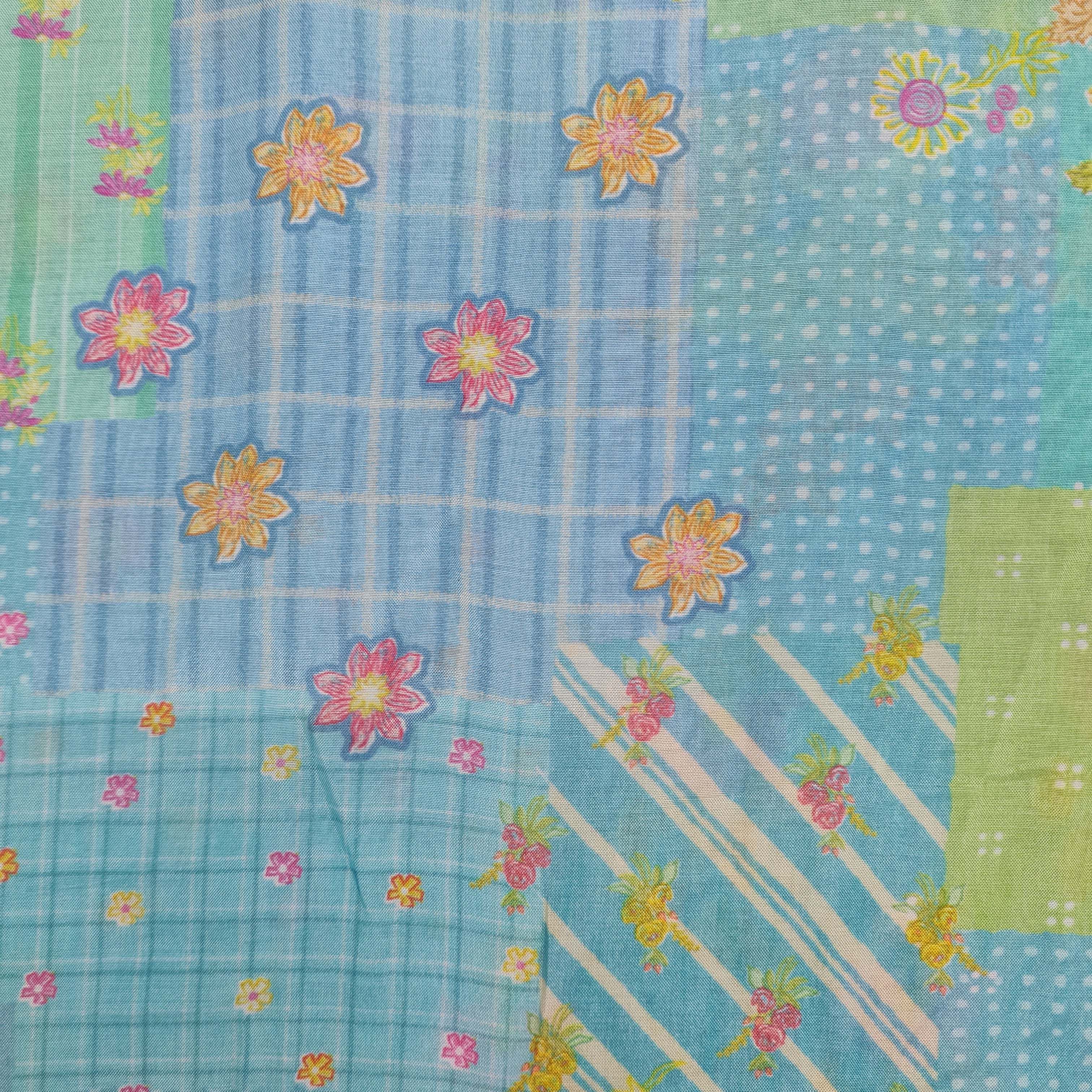 Premium Blue Green Geometrical Print Cotton Silk Fabric