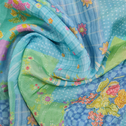 Premium Blue Green Geometrical Print Cotton Silk Fabric