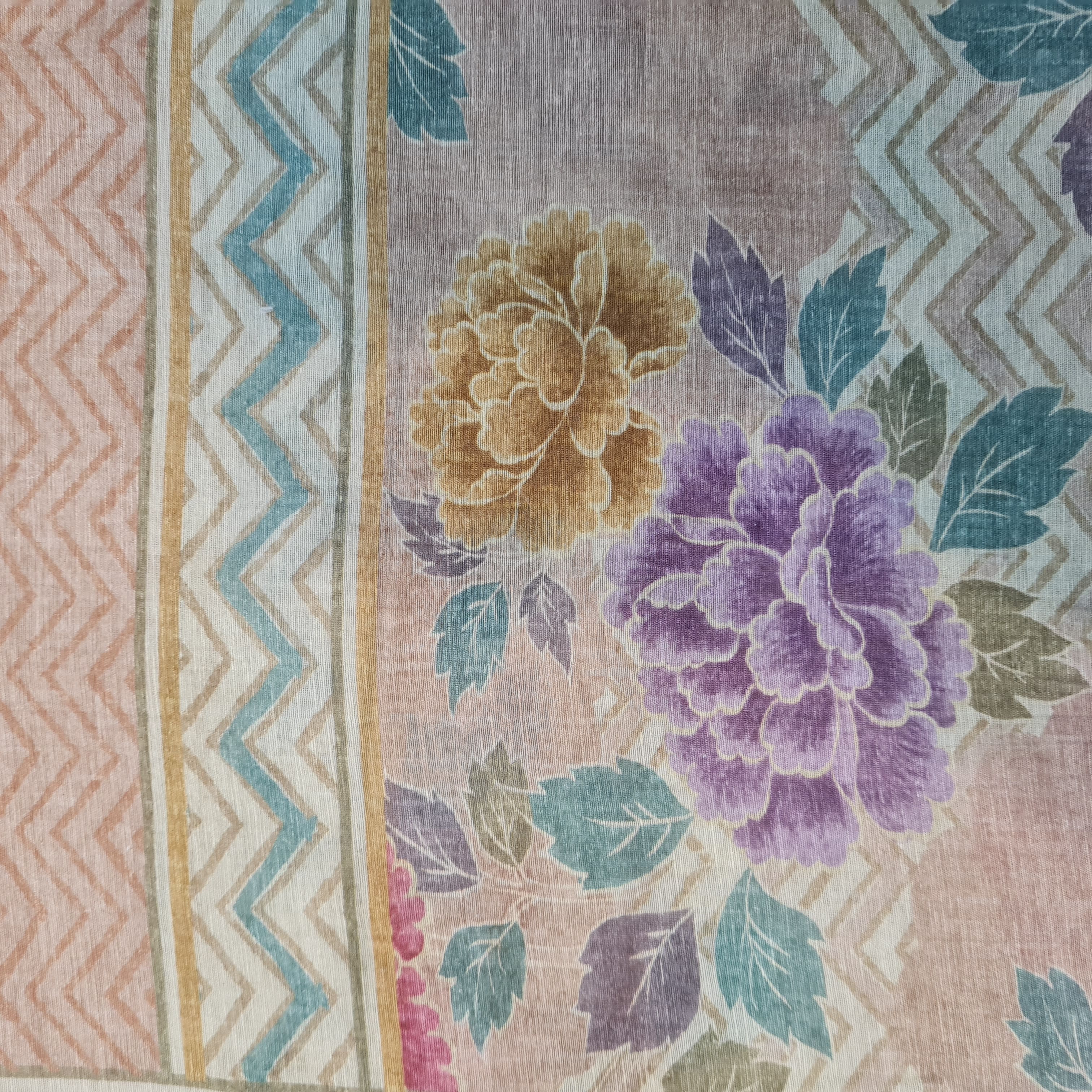 Primium,Beige Floral Print  Linen Organza Fabric