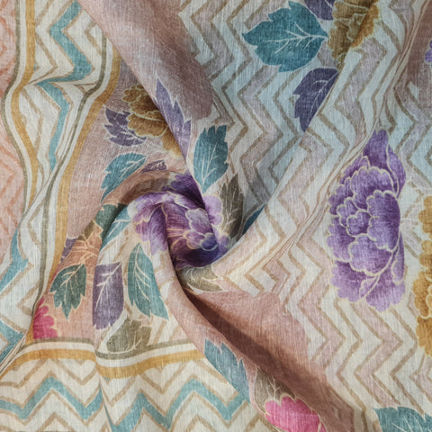 Primium,Beige Floral Print  Linen Organza Fabric
