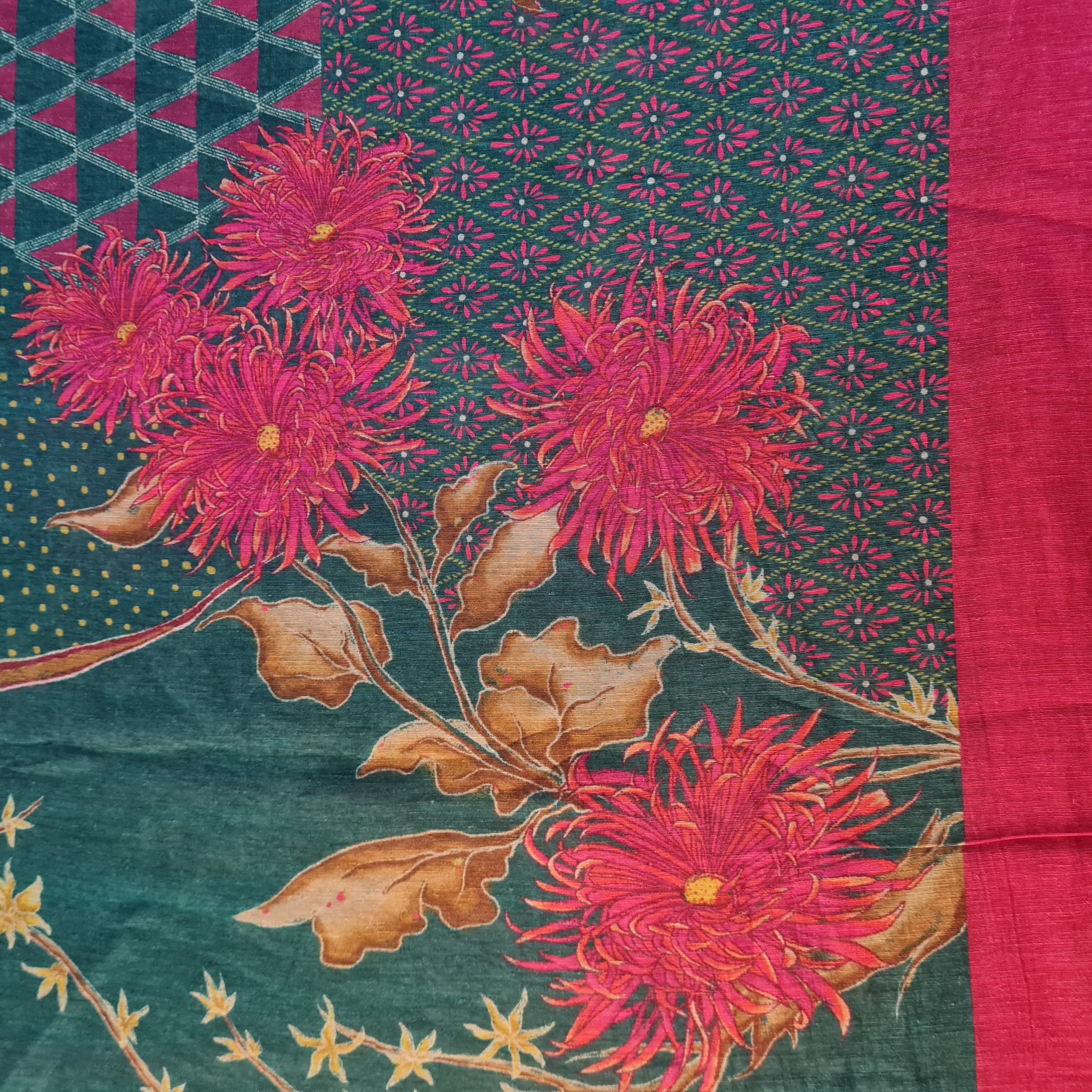 Primium,Green Tropical Floral Print Linen Organza Fabric