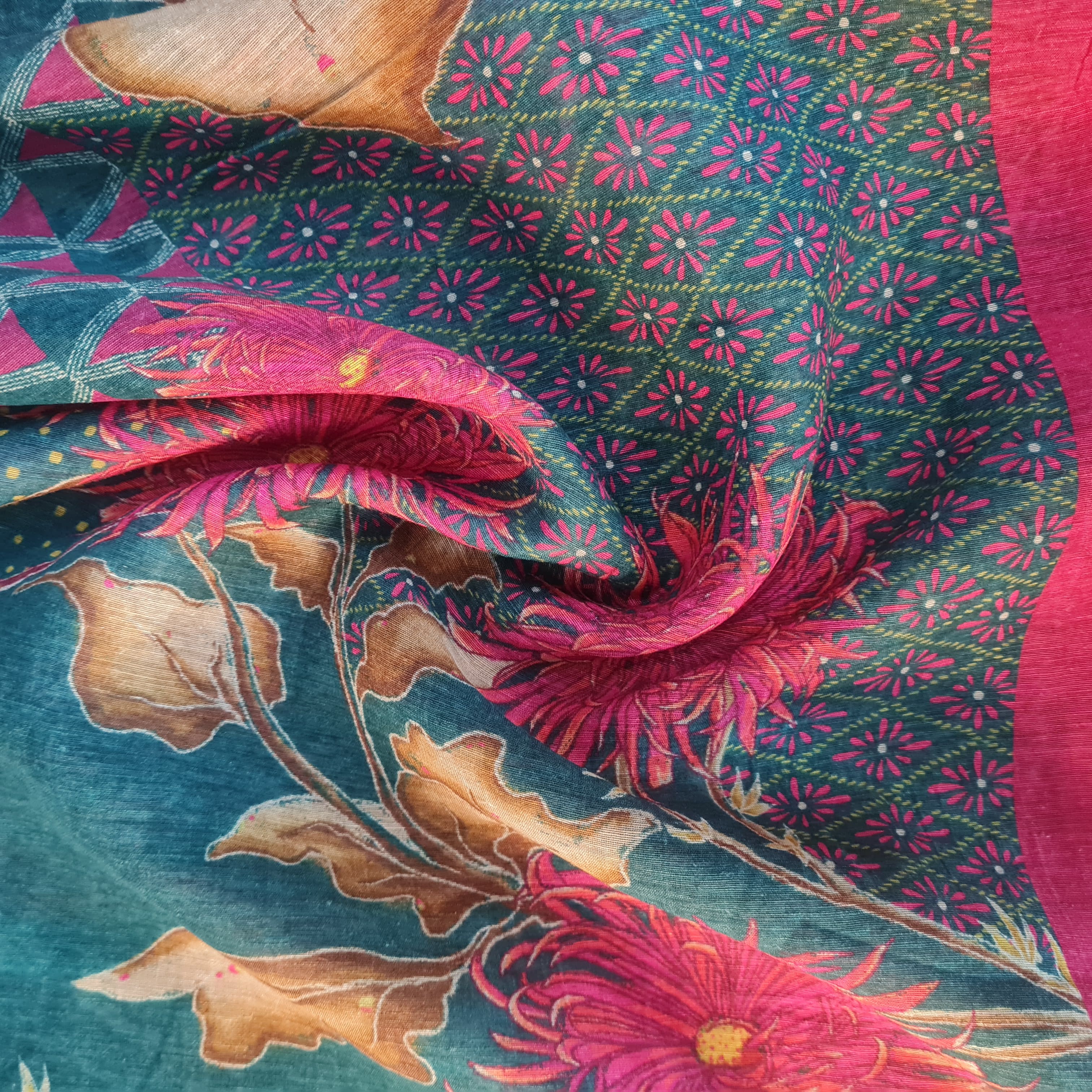 Primium,Green Tropical Floral Print Linen Organza Fabric