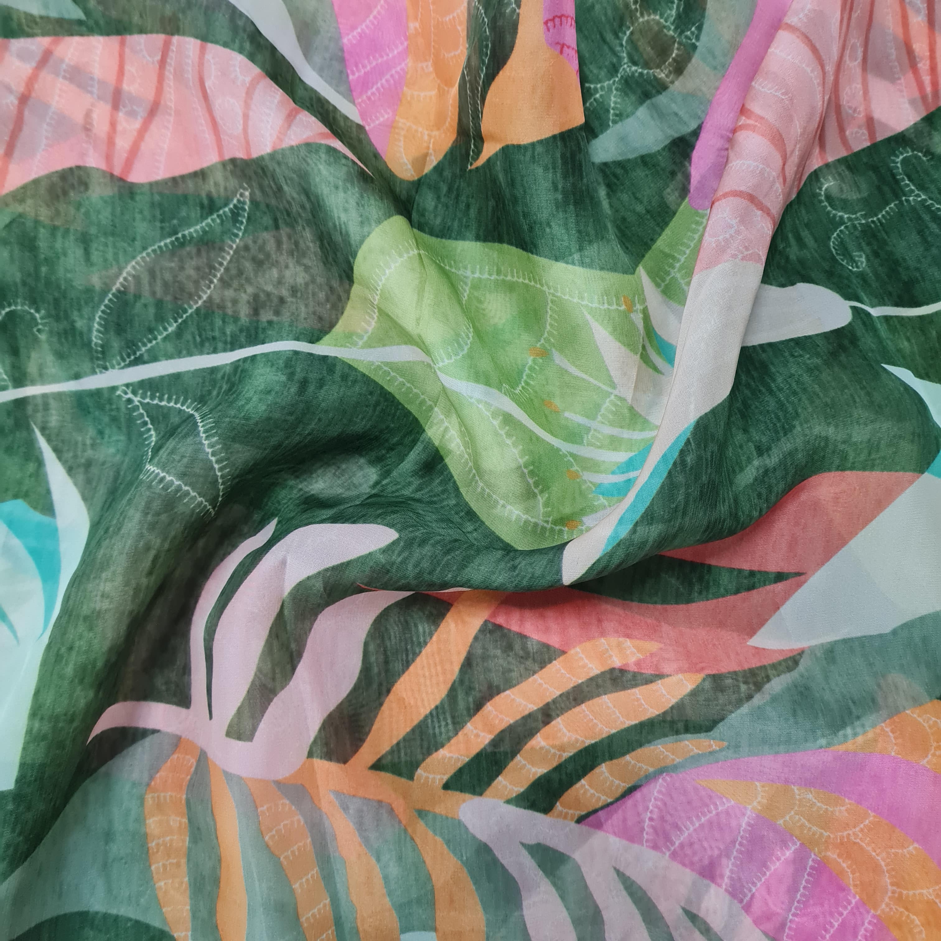 Premium Green Tropical Print Organza Fabric