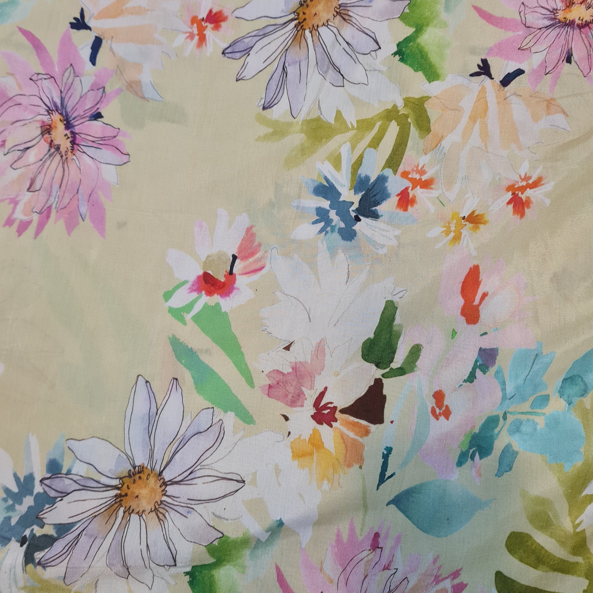 Premium Yellow Watercolor Floral Print  Muslin Fabric