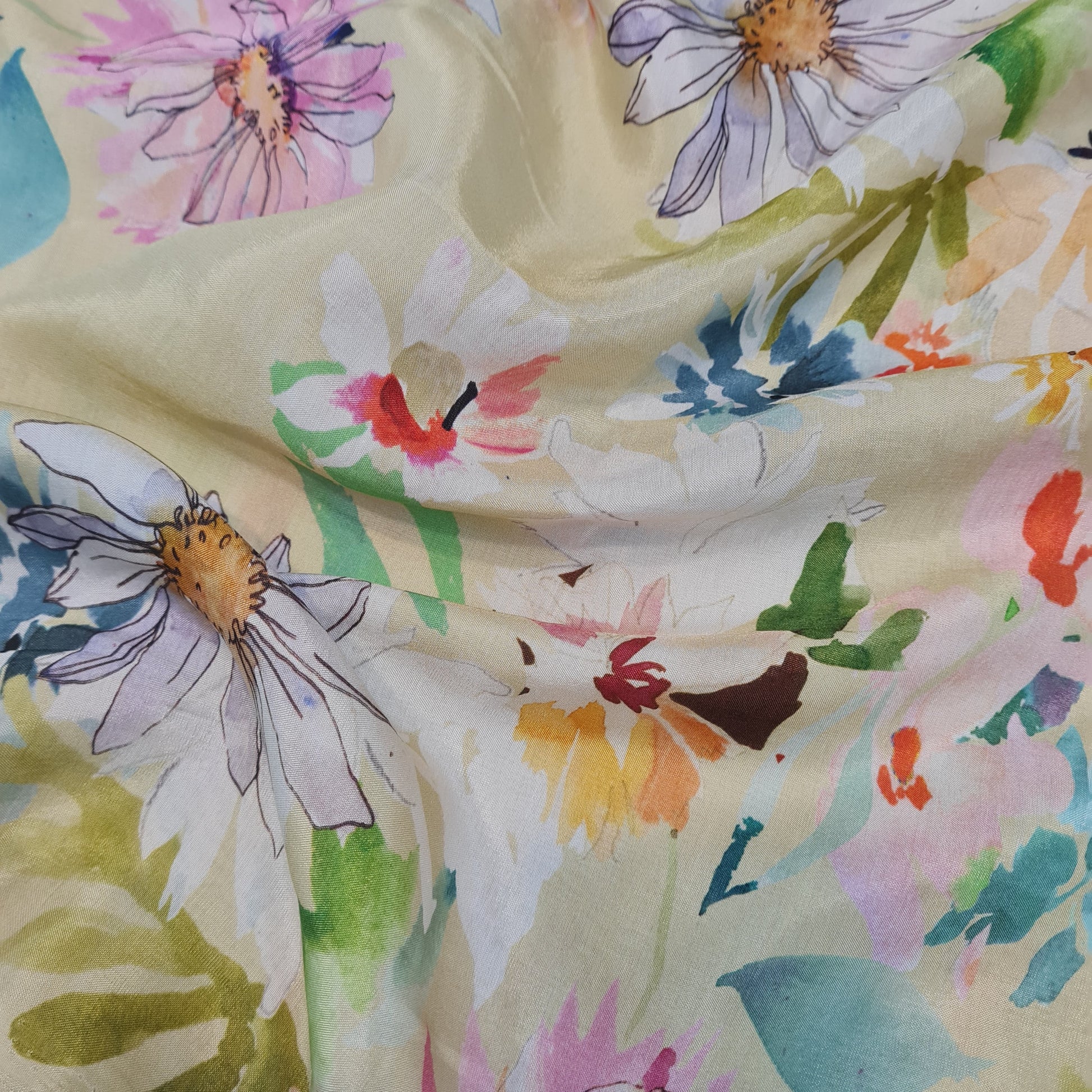 Premium Yellow Watercolor Floral Print  Muslin Fabric