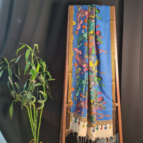Premium Blue Kalamkari Prints Pen Kalamkari Dupatta Fabric