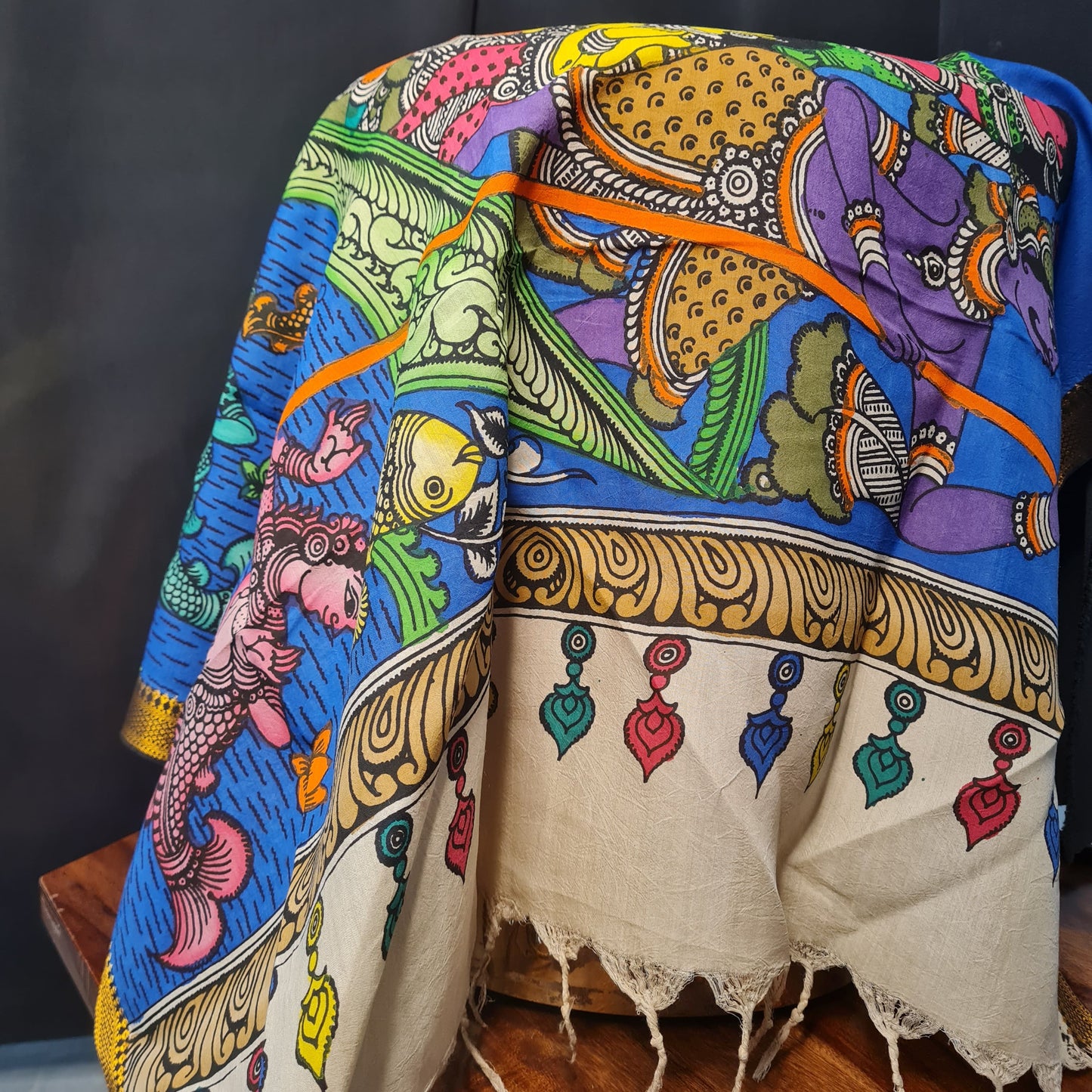 Premium Blue Kalamkari Prints Pen Kalamkari Dupatta Fabric
