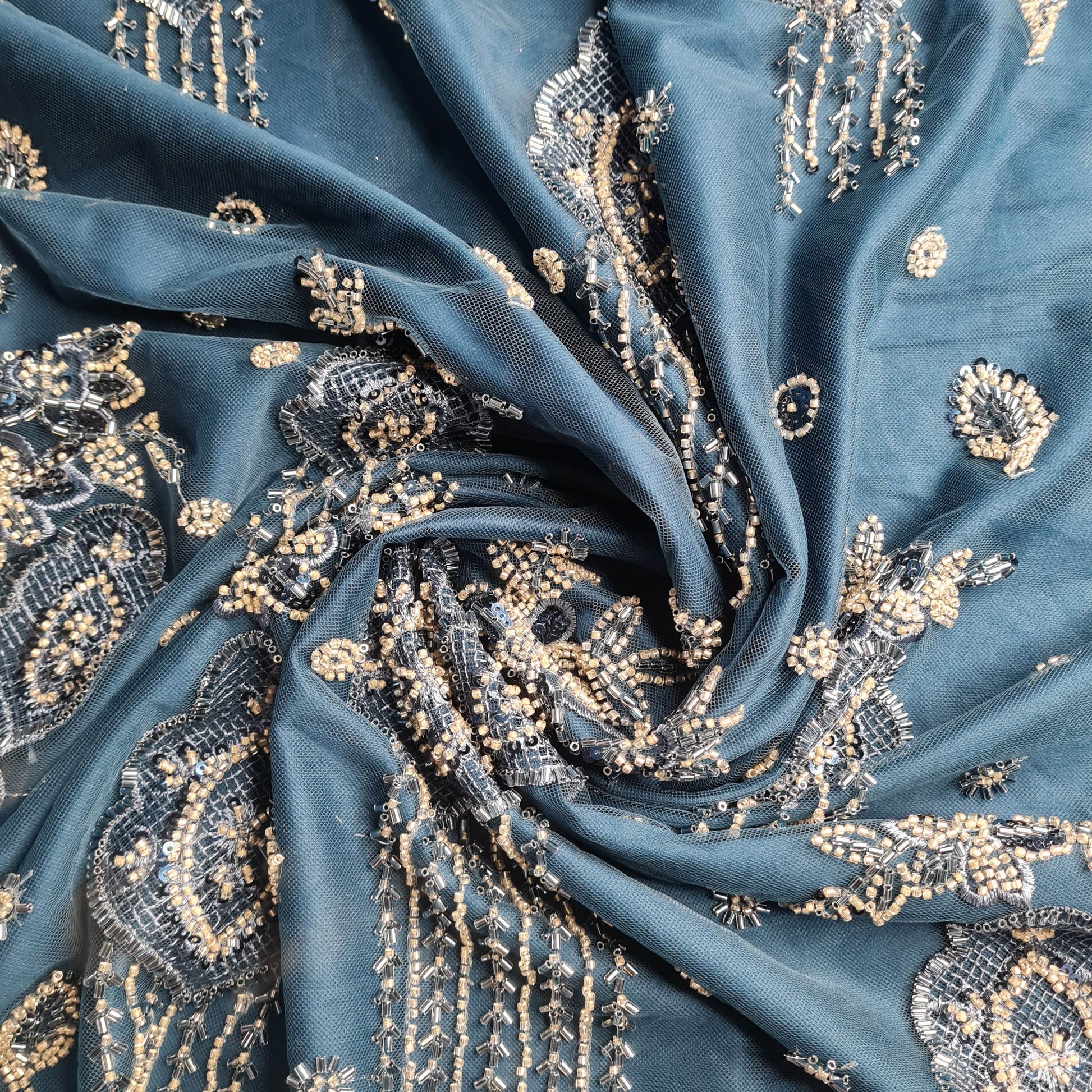 Premium Net Teal Blue Traditional CutDana Thread Embroidery Fabric