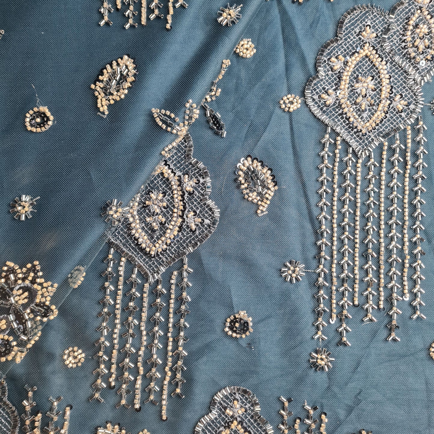Premium Net Teal Blue Traditional CutDana Thread Embroidery Fabric