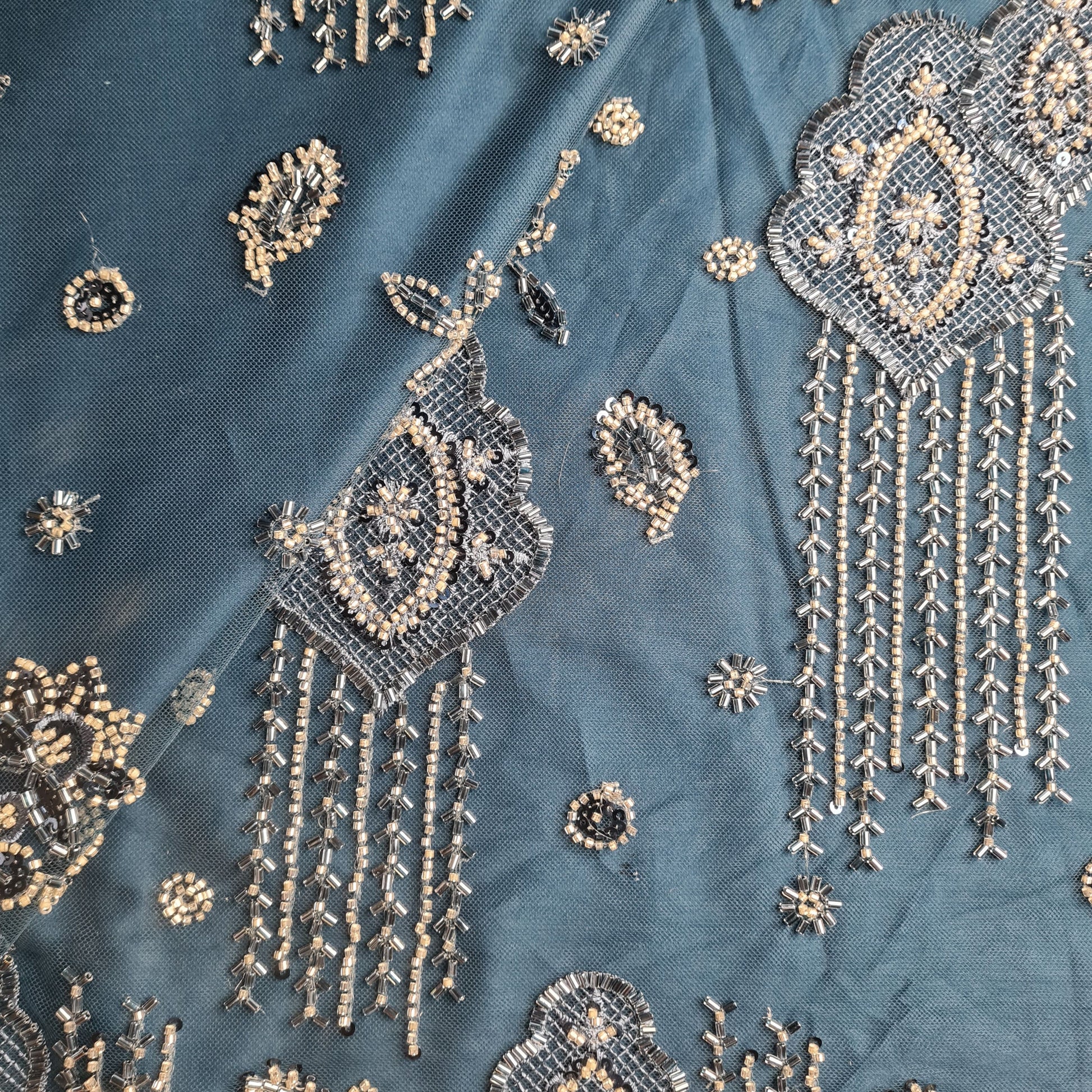Premium Net Teal Blue Traditional CutDana Thread Embroidery Fabric