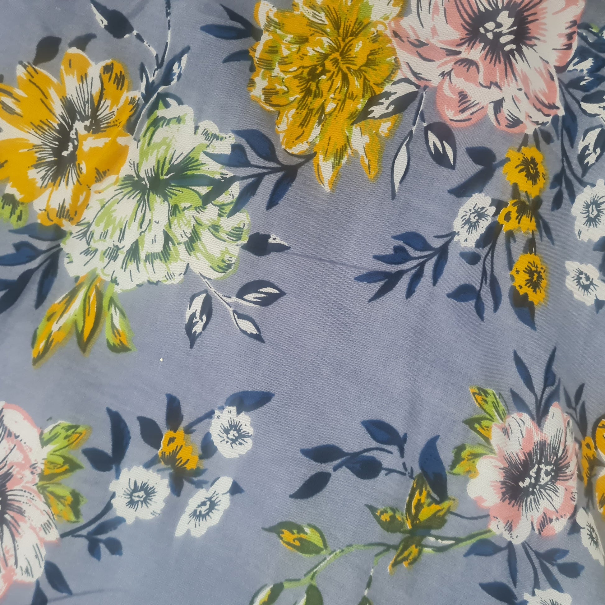 Grey with yellow floral rayon Fabric