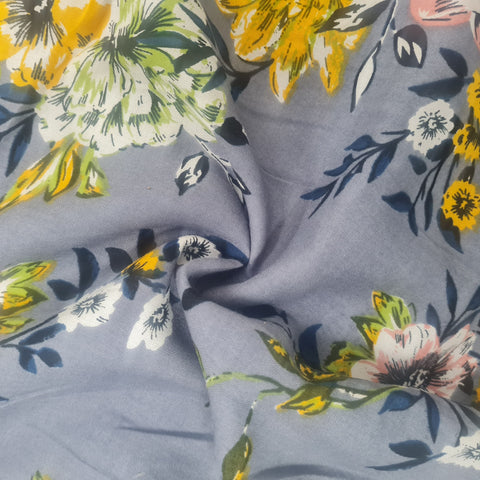 Grey with yellow floral rayon Fabric
