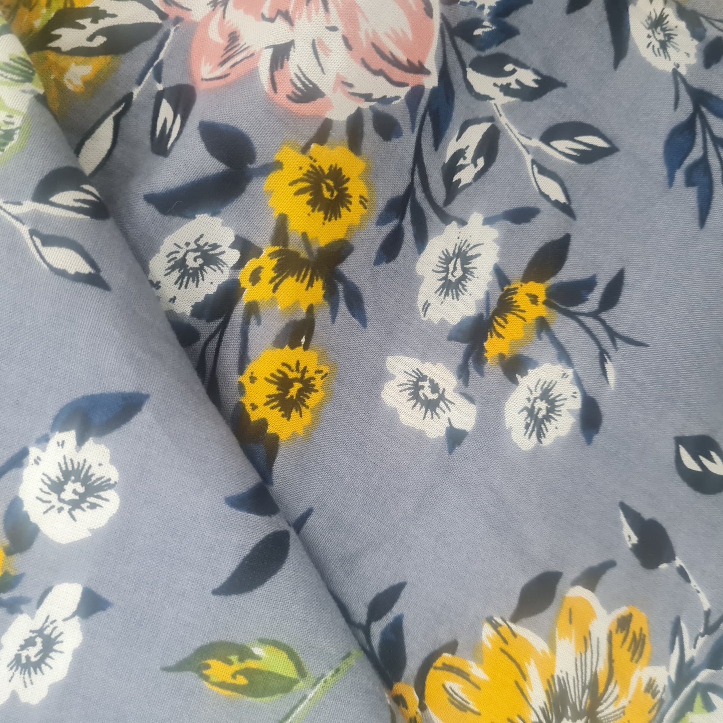 Grey with yellow floral rayon Fabric