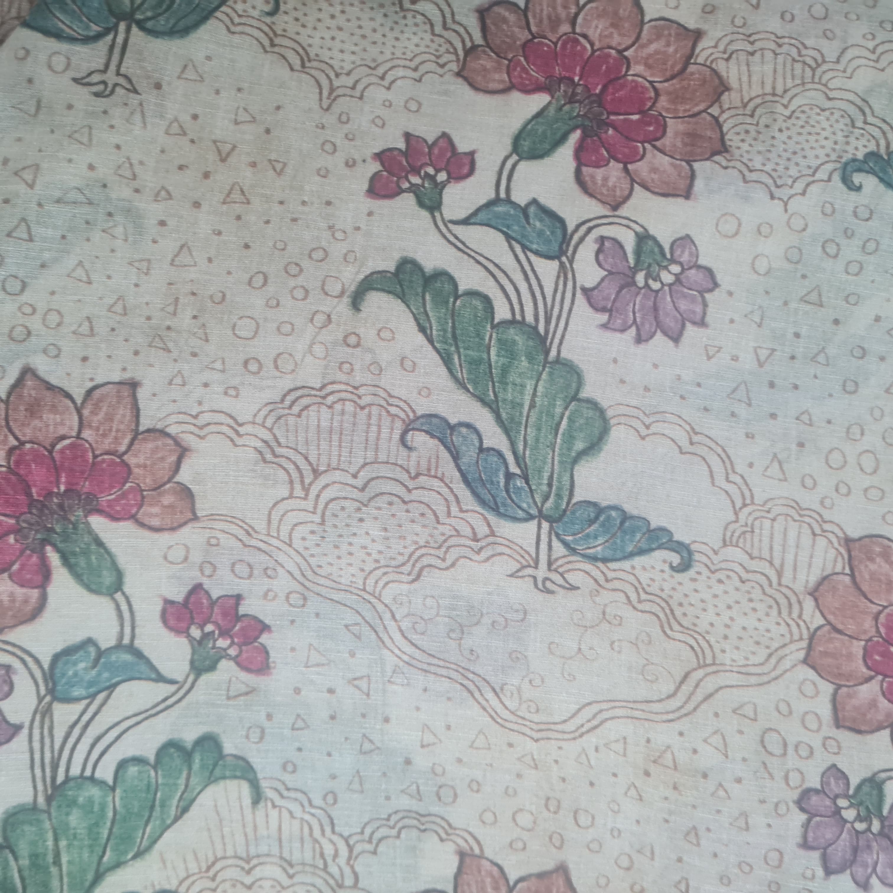 Creame Floral Print Linen Organza Fabric