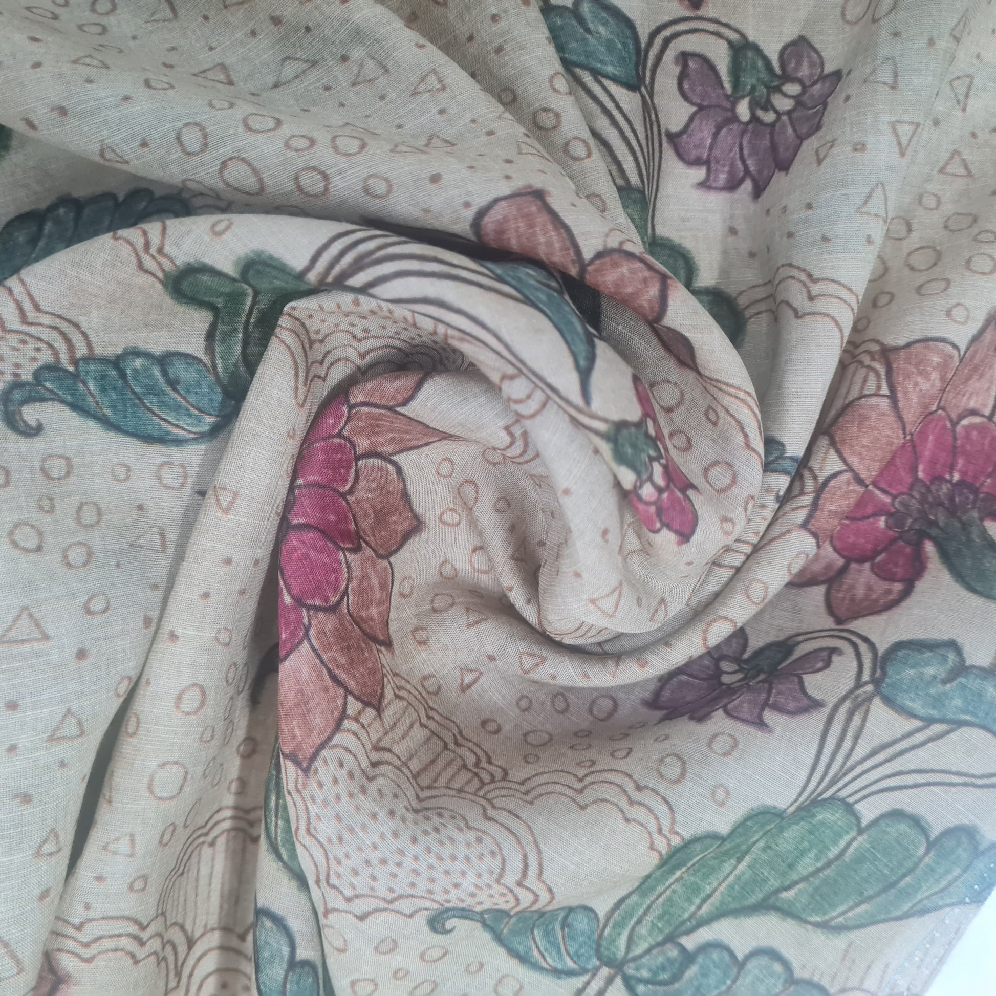 Creame Floral Print Linen Organza Fabric