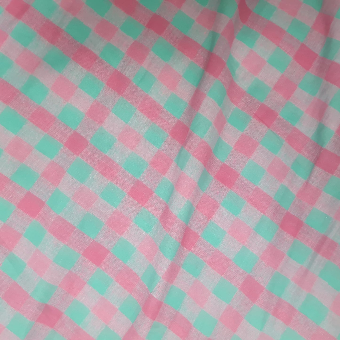 Pink Green Check Print Cotton Mulmul Fabric
