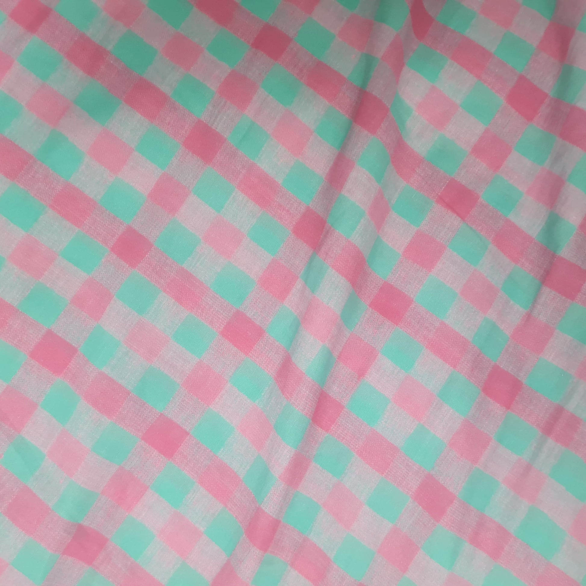 Pink Green Check Print Cotton Mulmul Fabric