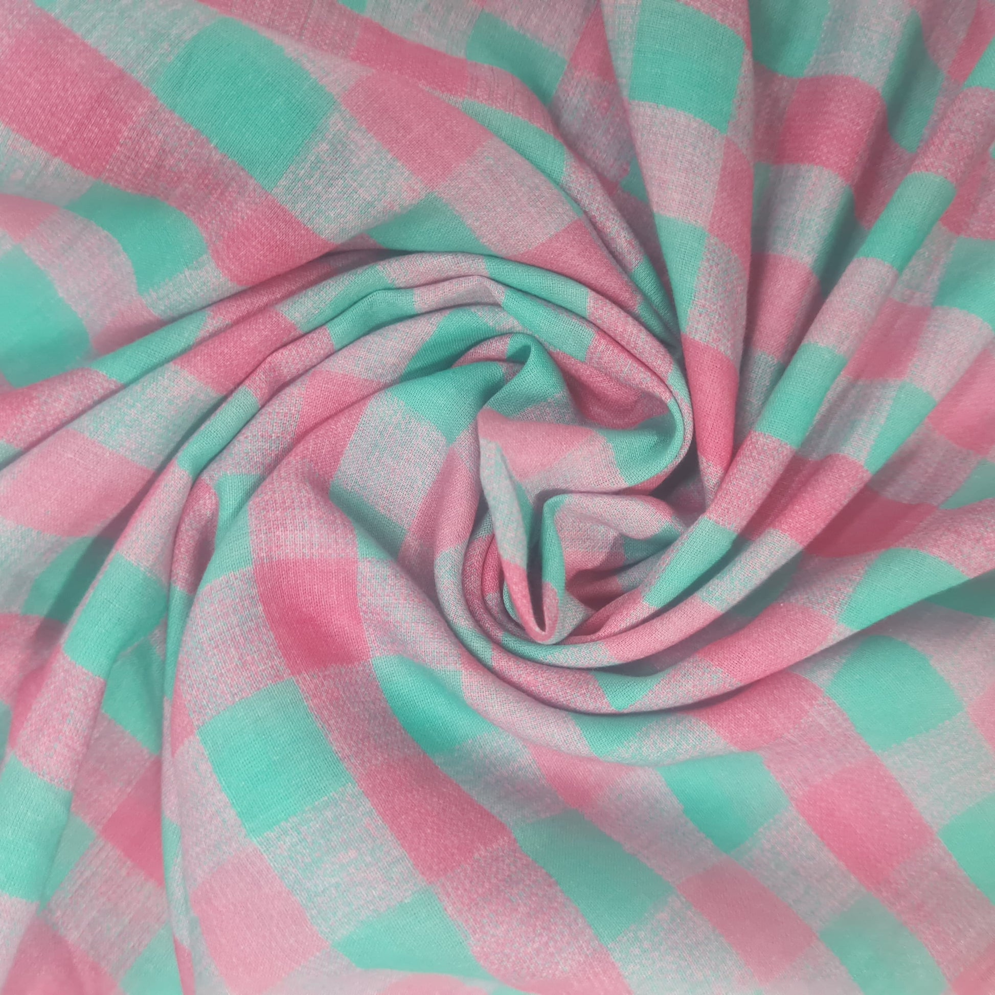Pink Green Check Print Cotton Mulmul Fabric
