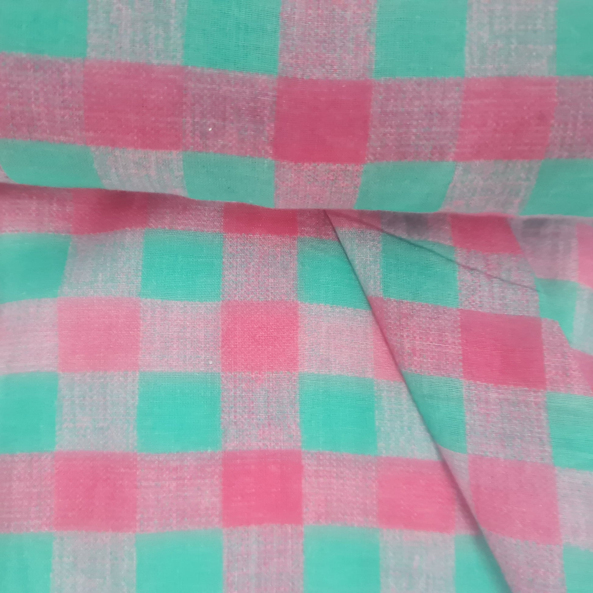 Pink Green Check Print Cotton Mulmul Fabric