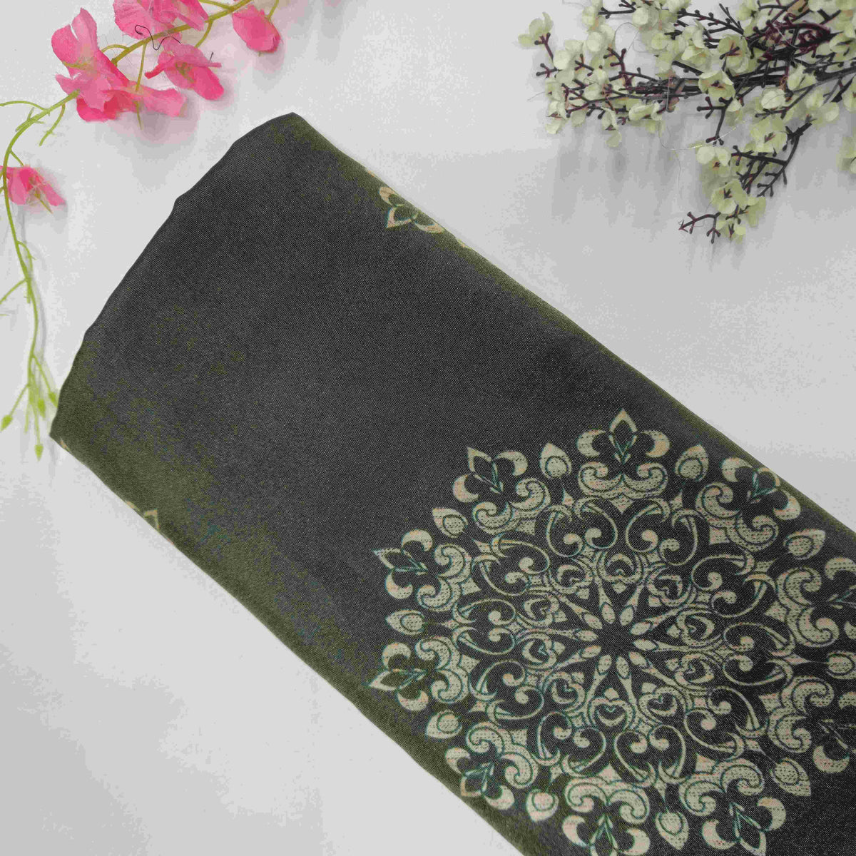Dark Green Traditional Print Pure Tissue Fabric MTF-21281