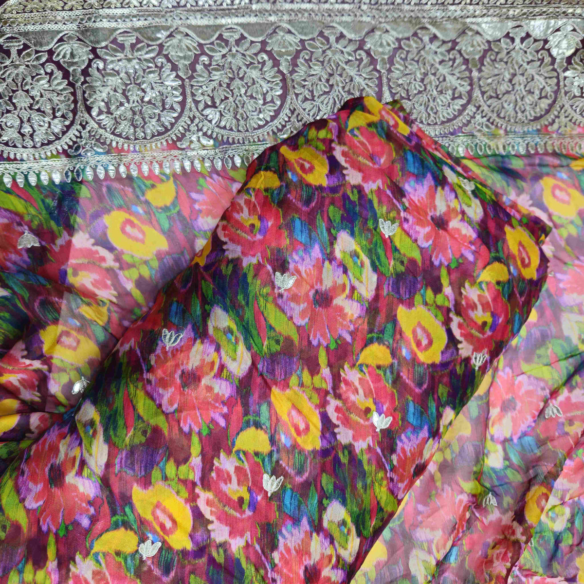 Maroon Floral Embroidery Tissue Fabric GT-20866