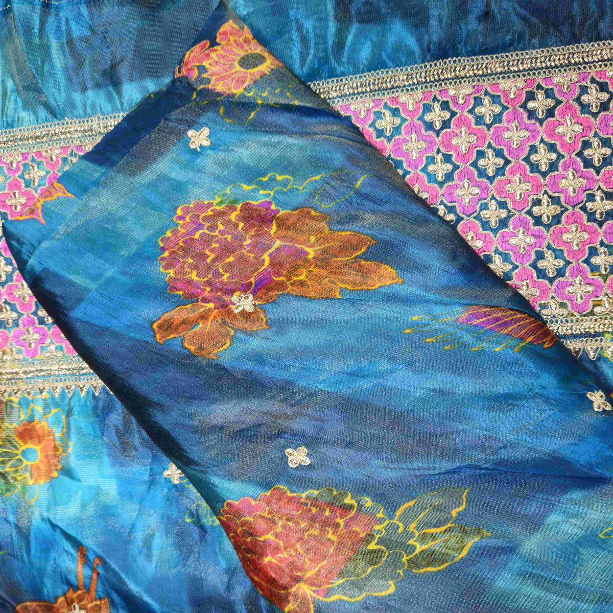 Blue Floral Embroidery Tissue Fabric GT-20865