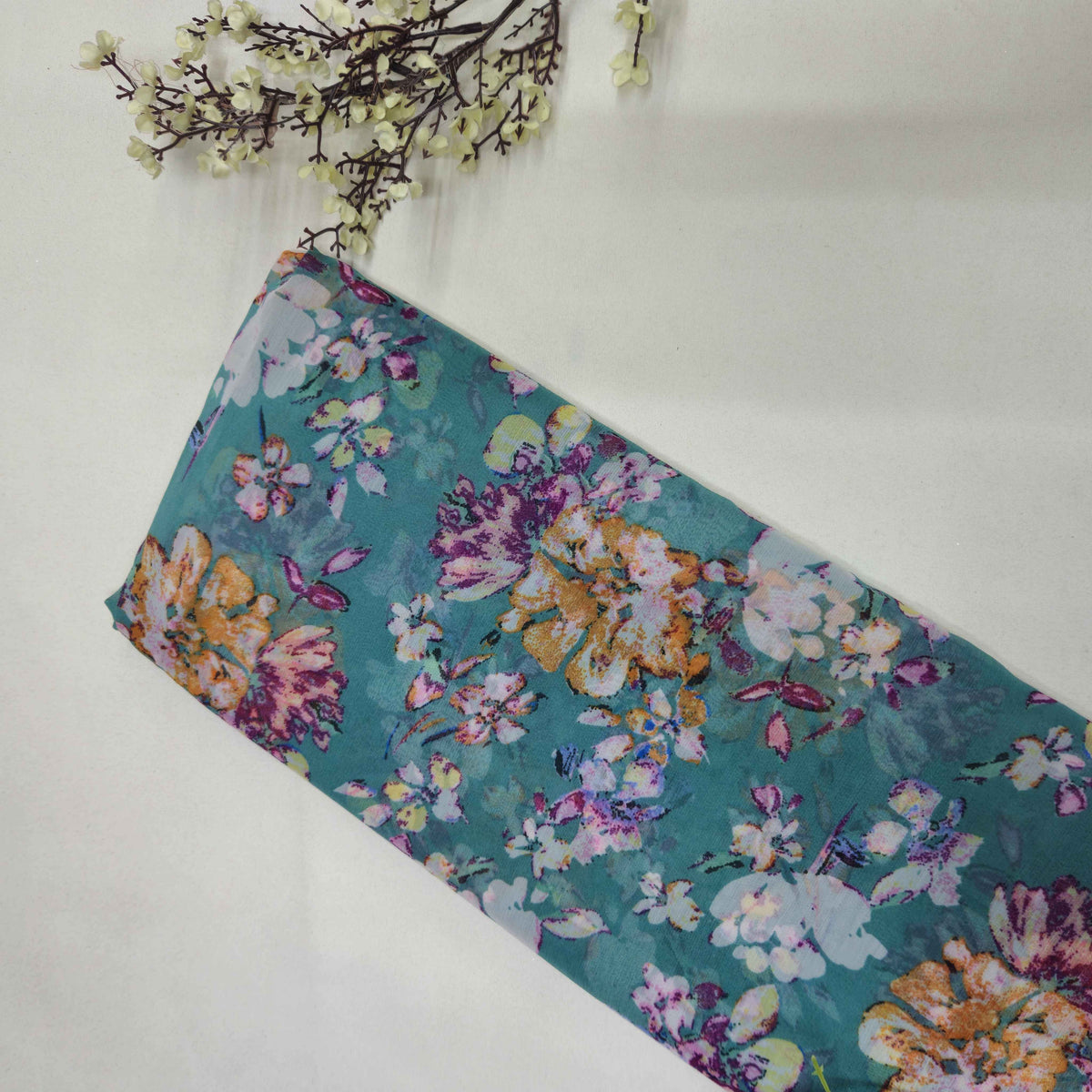 Green & Multicolor Floral Print Georgette Fabric JKS-11275