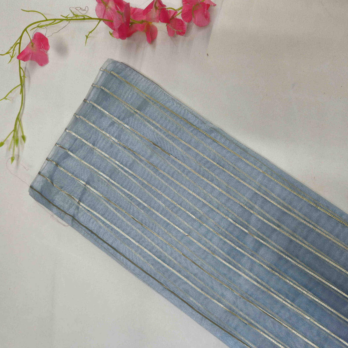 Sky Blue Gold Stripes Organza Zari JBS-16625