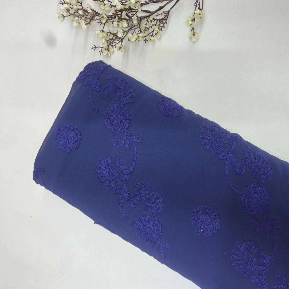 Blue Floral Thread Embroidery Georgette Fabric TU-14115
