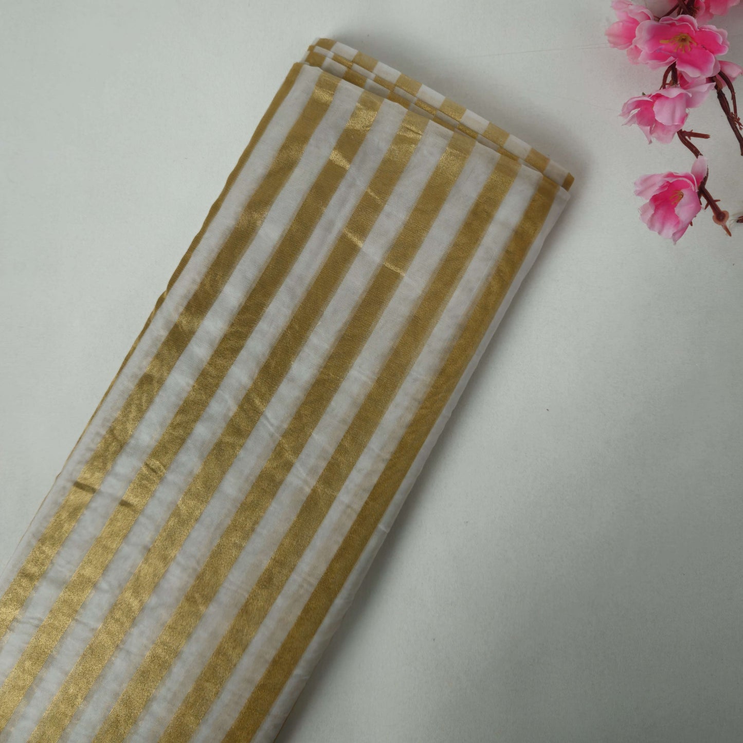 Off White Golden Stripes Dyeable Tissue Fabric GT-32610