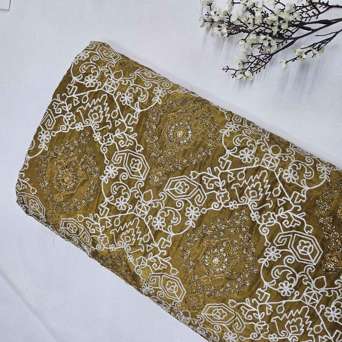 Olive Green Geometrical Sequins Embroidery Dyeable Tissue SF-16253